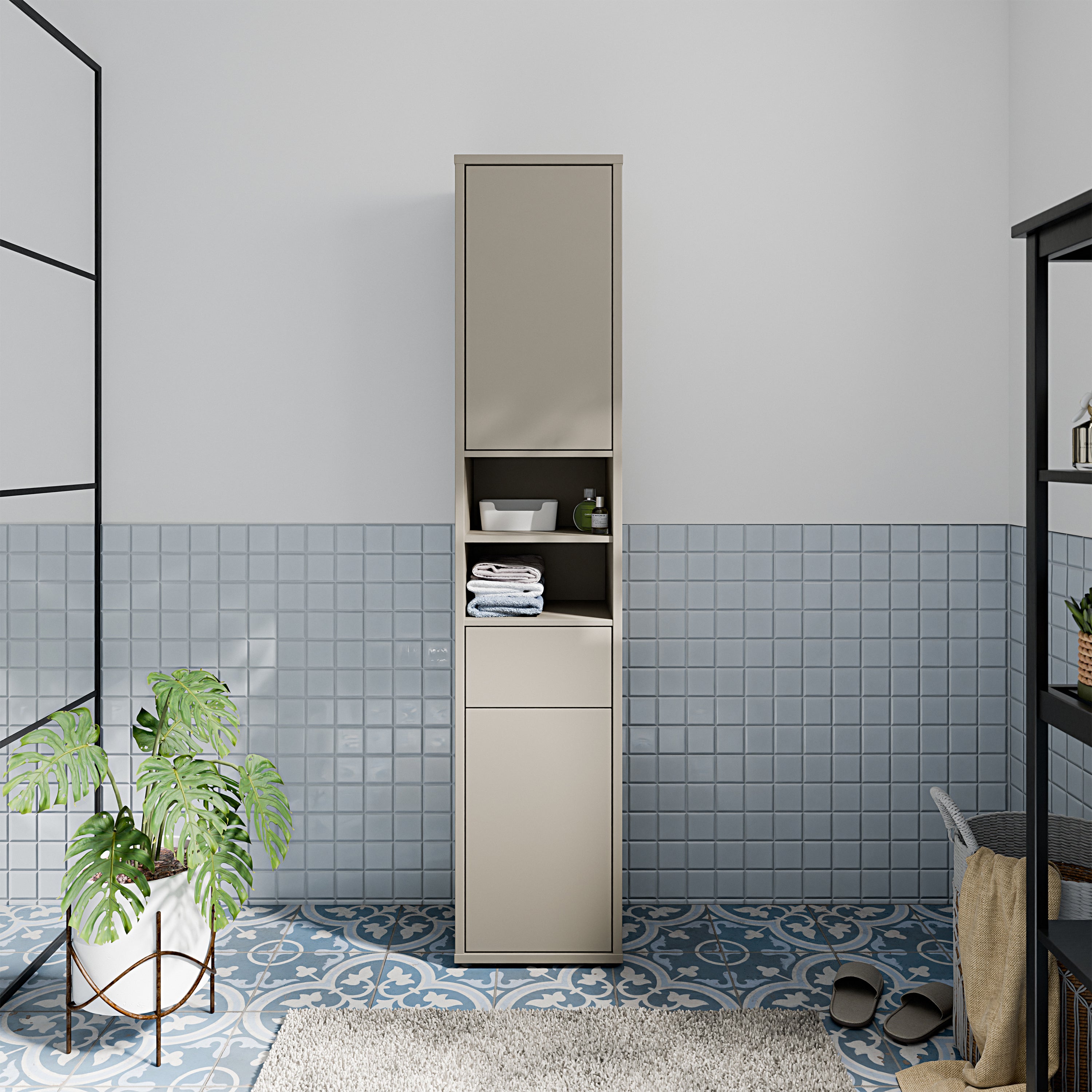 Alice Springs Tall Narrow Bathroom Storage Cabinet with 2 Doors Push-to-Open & 1 Drawer Push-to-Open in Taupe