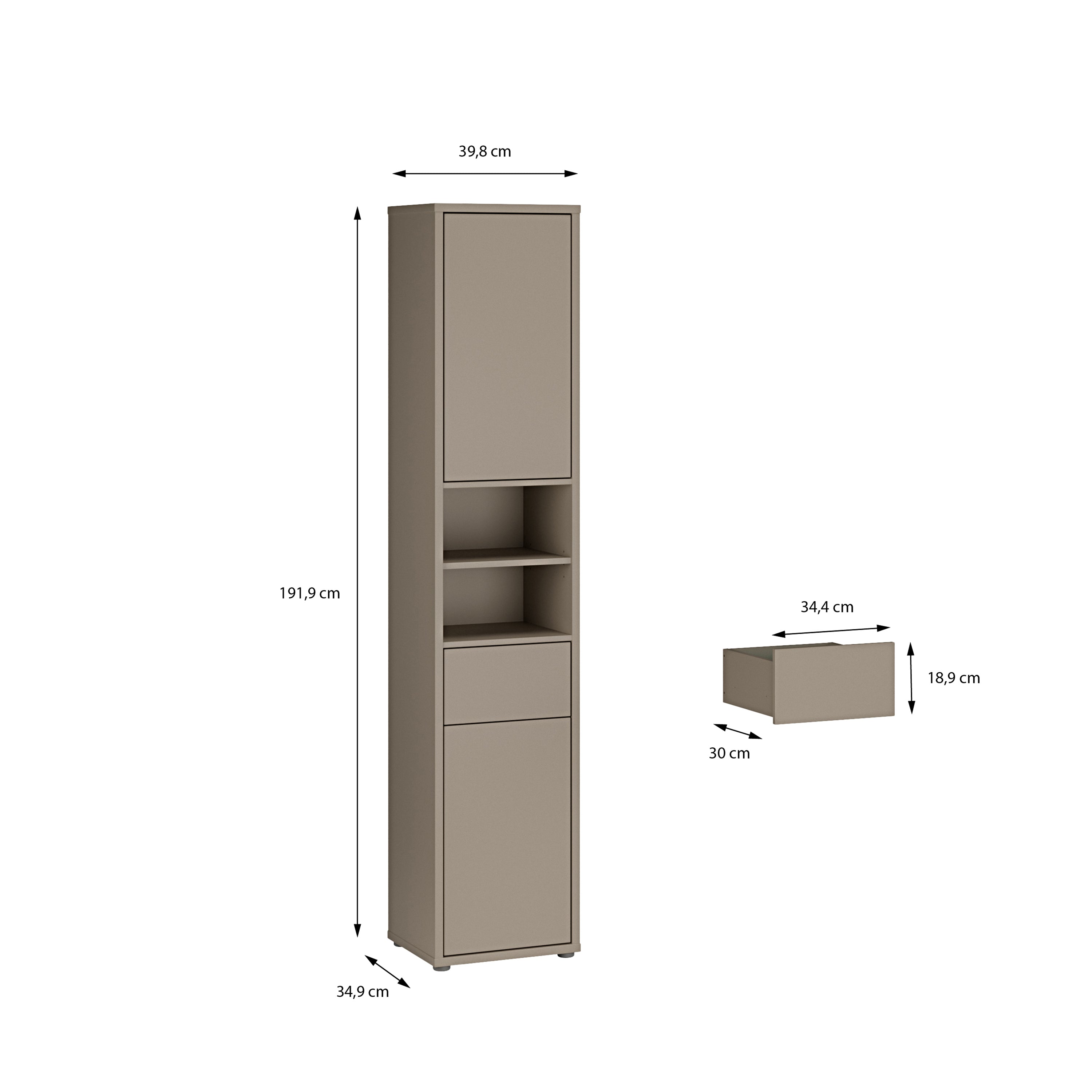 Alice Springs Tall Narrow Bathroom Storage Cabinet with 2 Doors Push-to-Open & 1 Drawer Push-to-Open in Taupe
