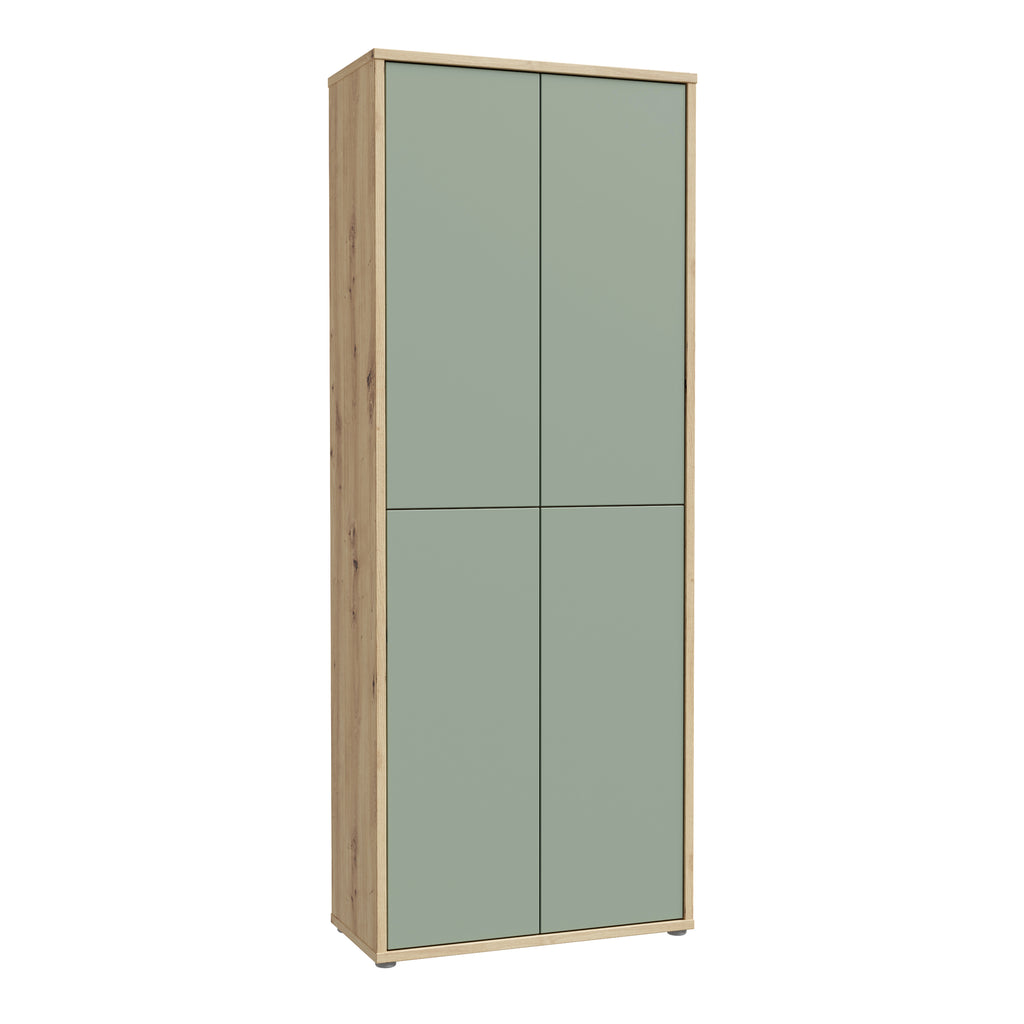 Alice Springs Shoe Cabinet with 4 Doors Push-to-Open in Artisan Oak and Sage Green Doors