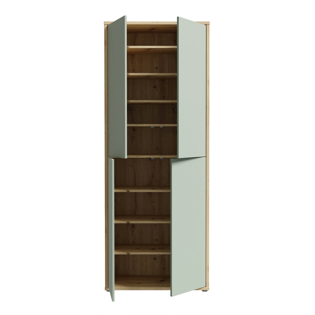 Alice Springs Shoe Cabinet with 4 Doors Push-to-Open in Artisan Oak and Sage Green Doors