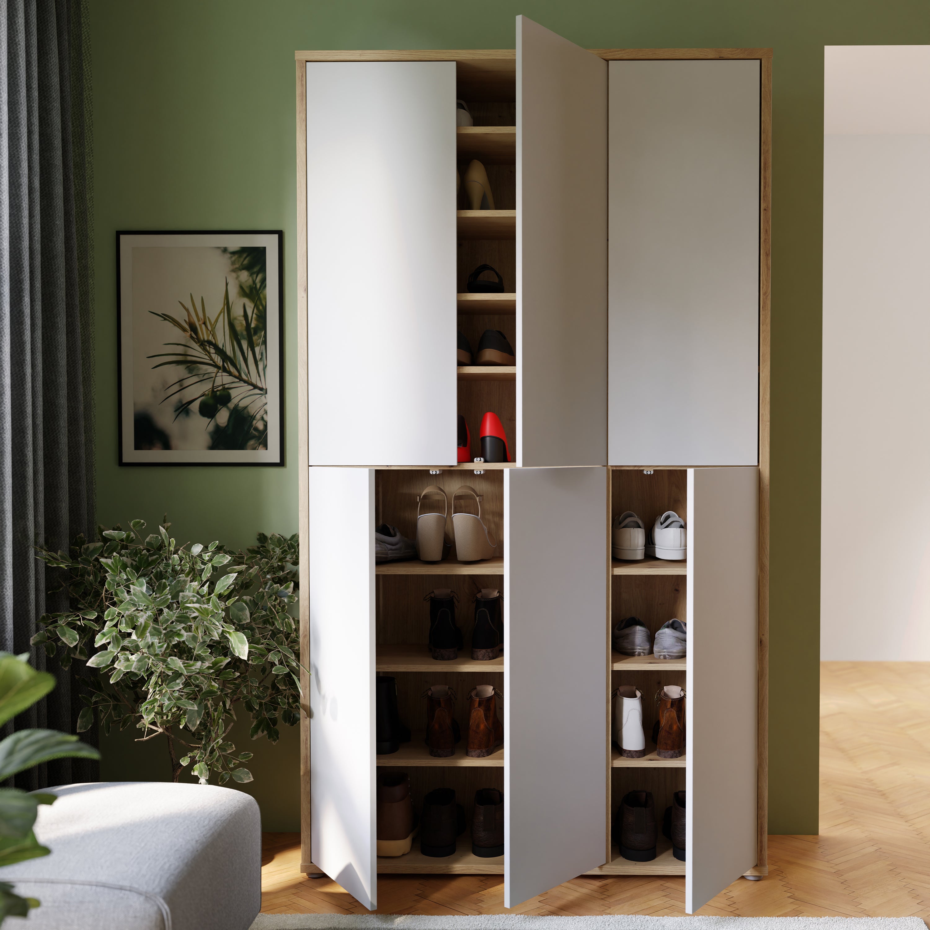 Alice Springs Shoe cabinet with 6 Doors Push-to-Open in Artisan Oak and Light Grey Doors