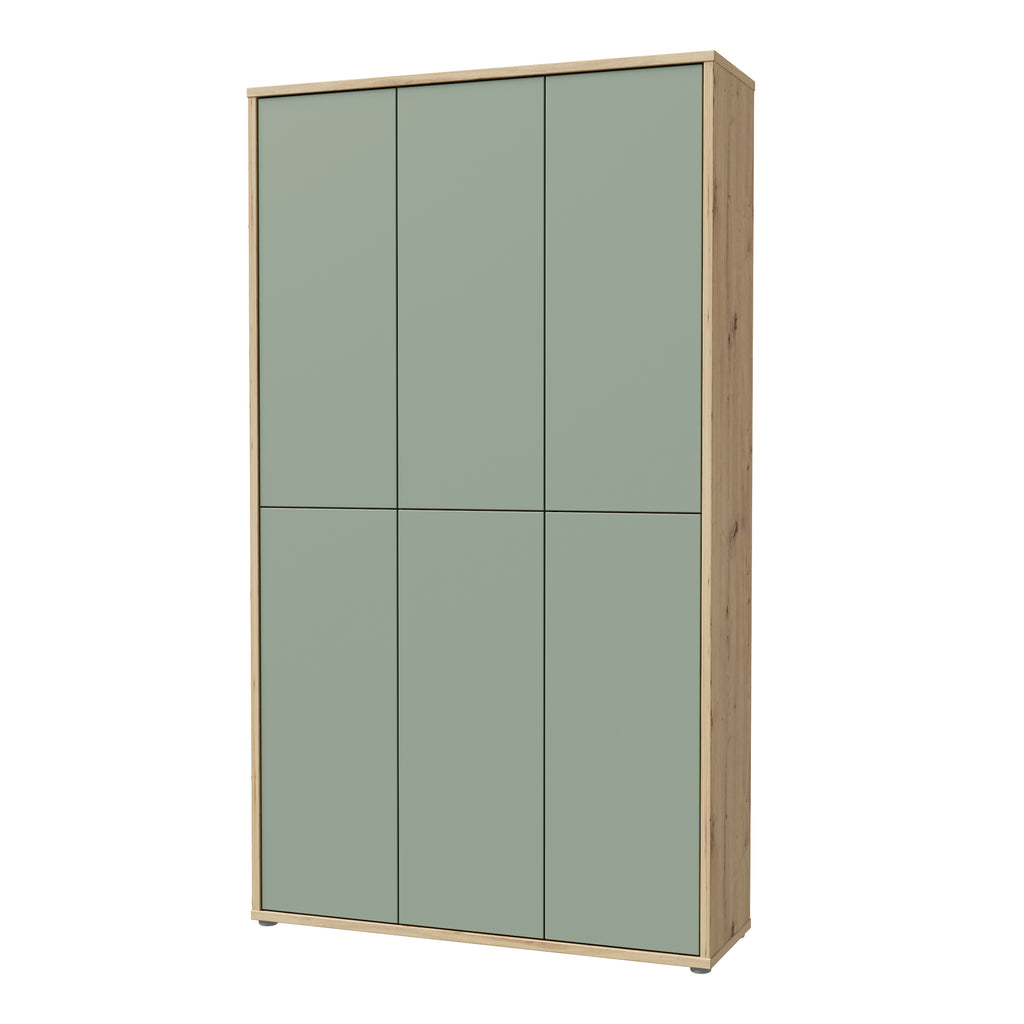 Alice Springs Shoe Cabinet with 6 Doors Push-to-Open in Artisan Oak and Sage Green Doors