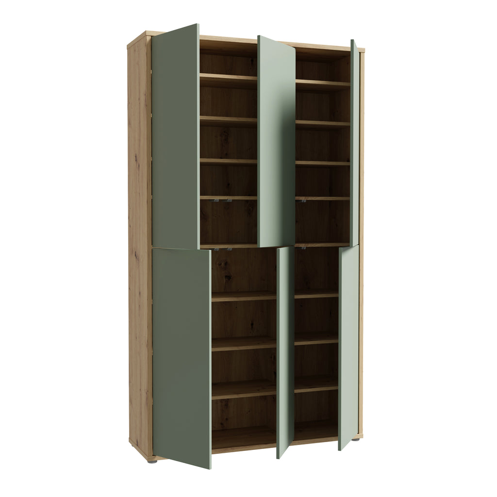 Alice Springs Shoe Cabinet with 6 Doors Push-to-Open in Artisan Oak and Sage Green Doors