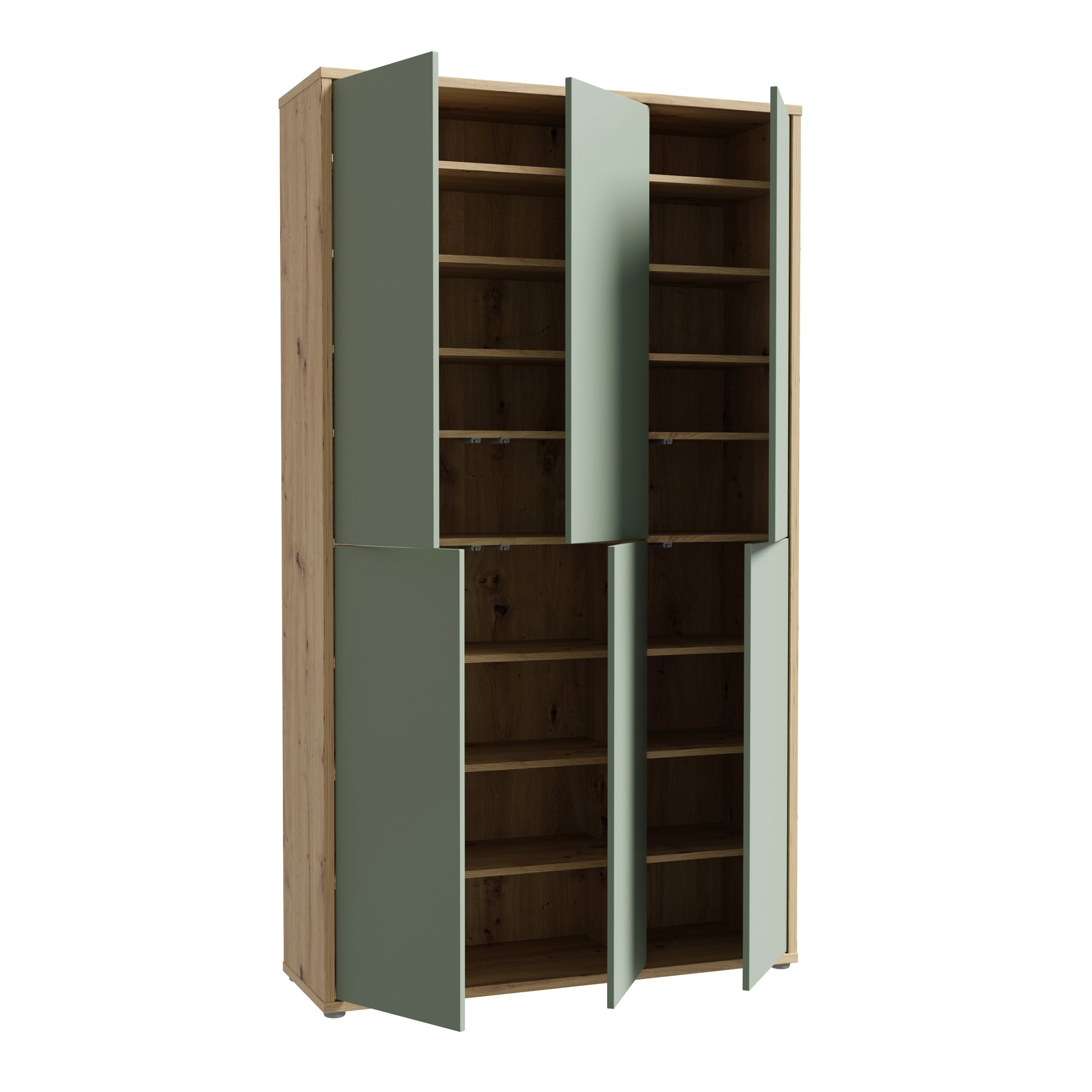 Alice Springs Shoe Cabinet with 6 Doors Push-to-Open in Artisan Oak and Sage Green Doors