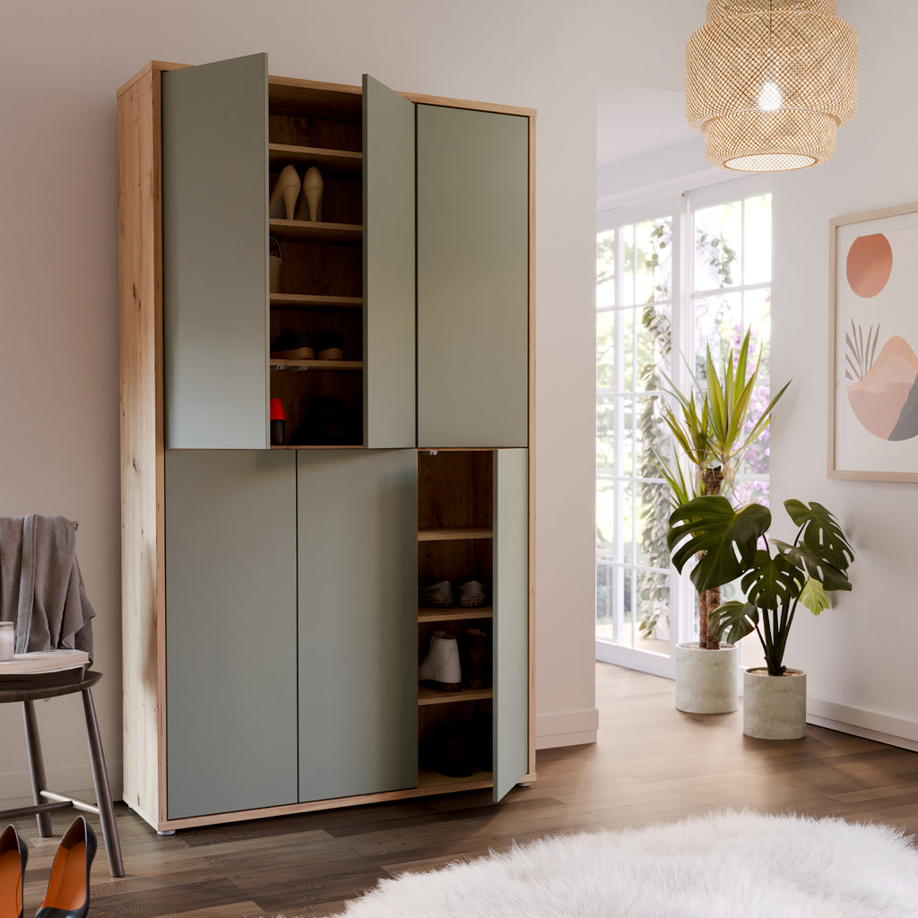 Alice Springs Shoe Cabinet with 6 Doors Push-to-Open in Artisan Oak and Sage Green Doors