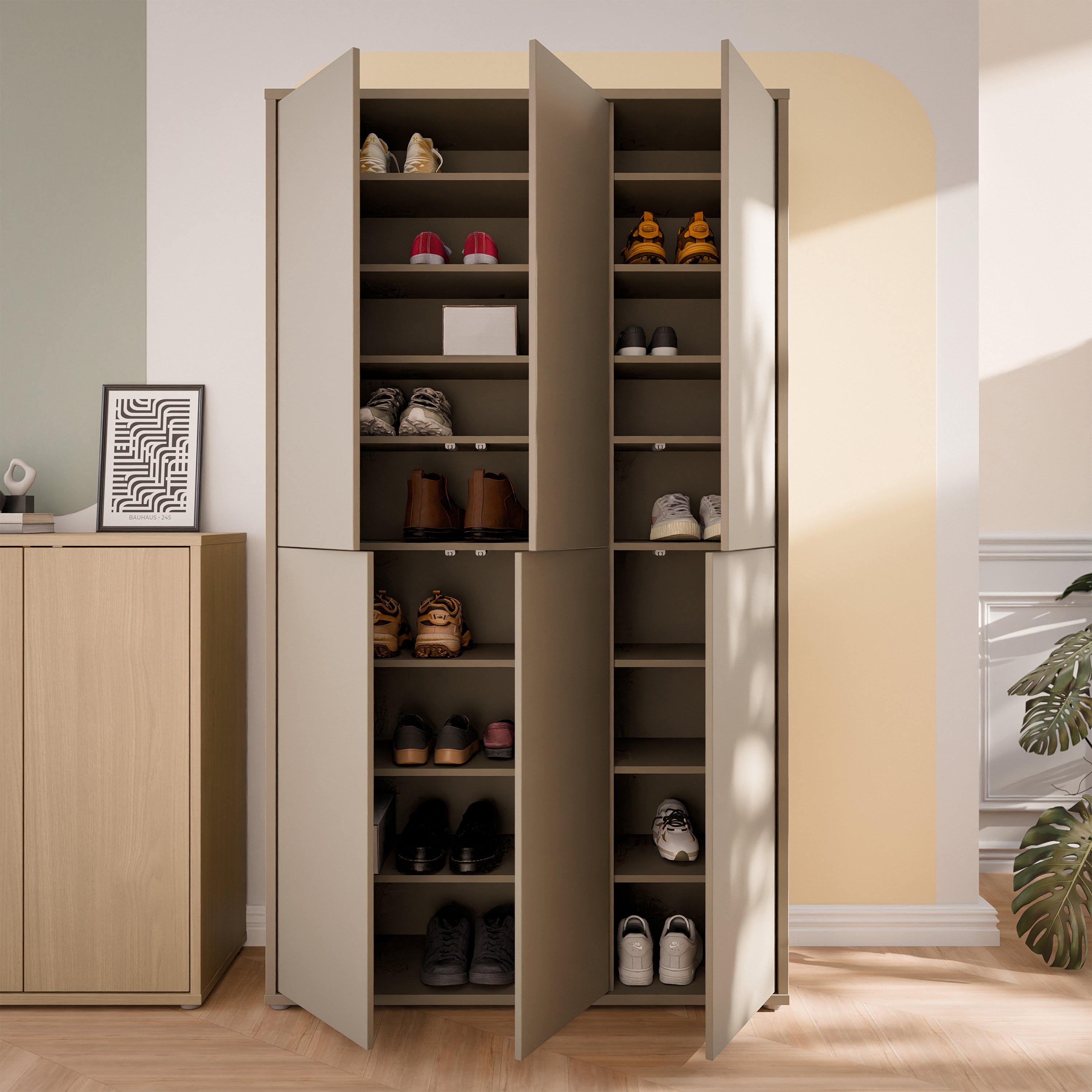 Alice Springs Tall Shoe Cabinet with 6 Doors Push-to-Open in Taupe