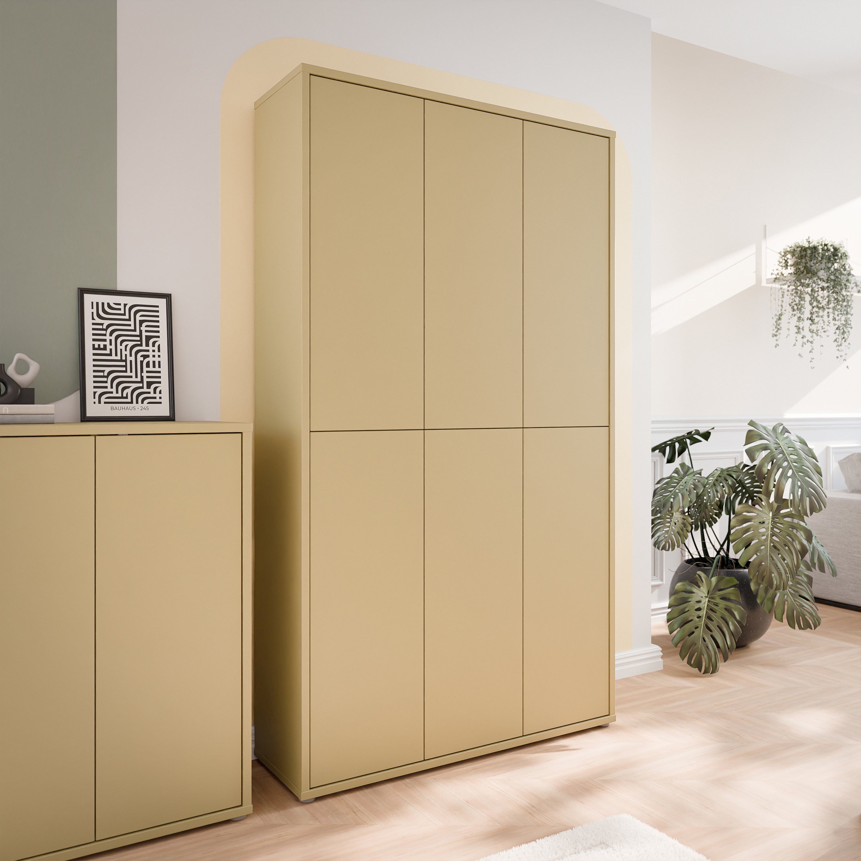 Alice Springs Tall Shoe Cabinet with 6 Doors Push-to-Open in Butter Yellow