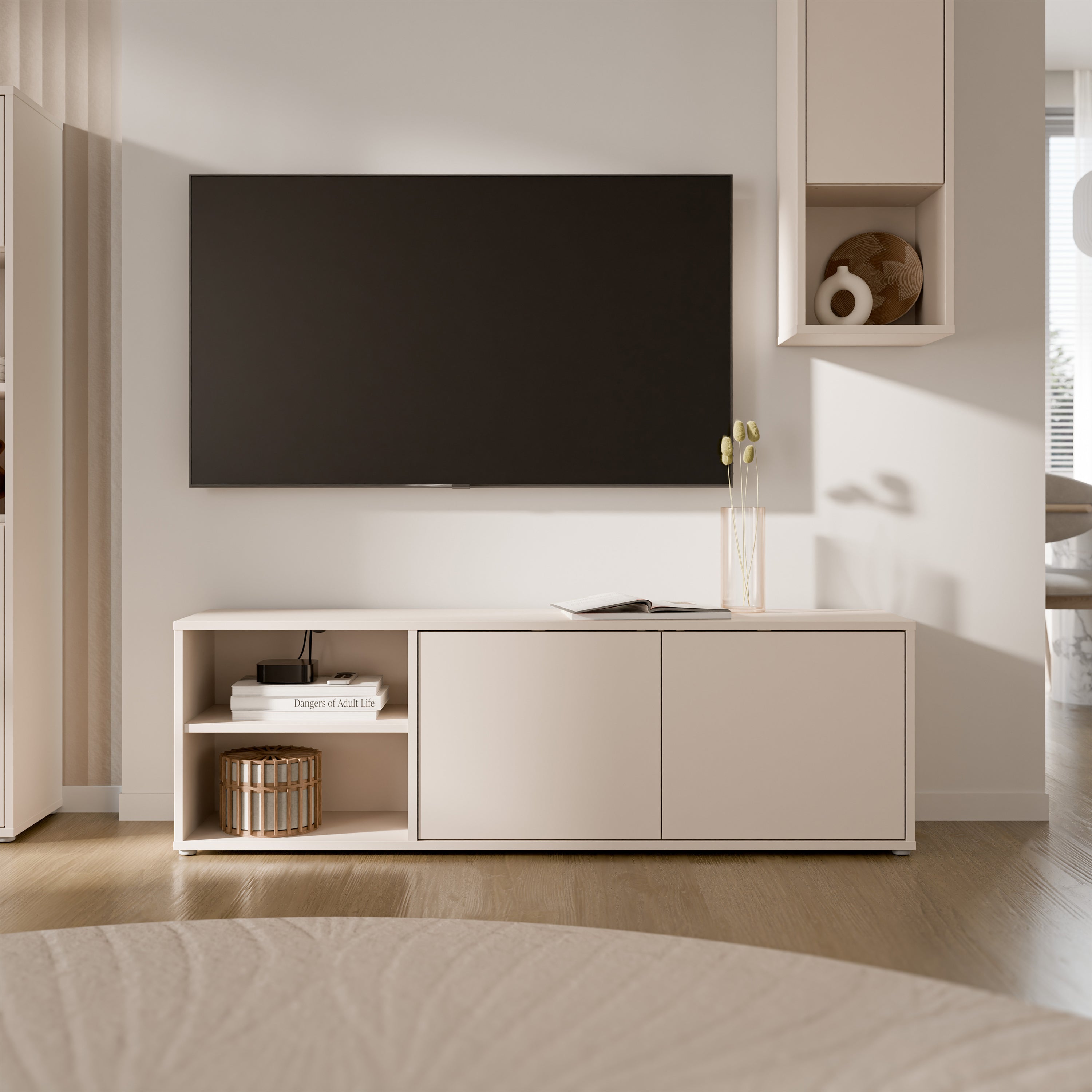 Alice Springs Wide TV Cabinet with 2 Doors Push-to-Open & 1 Open Shelf in Sand