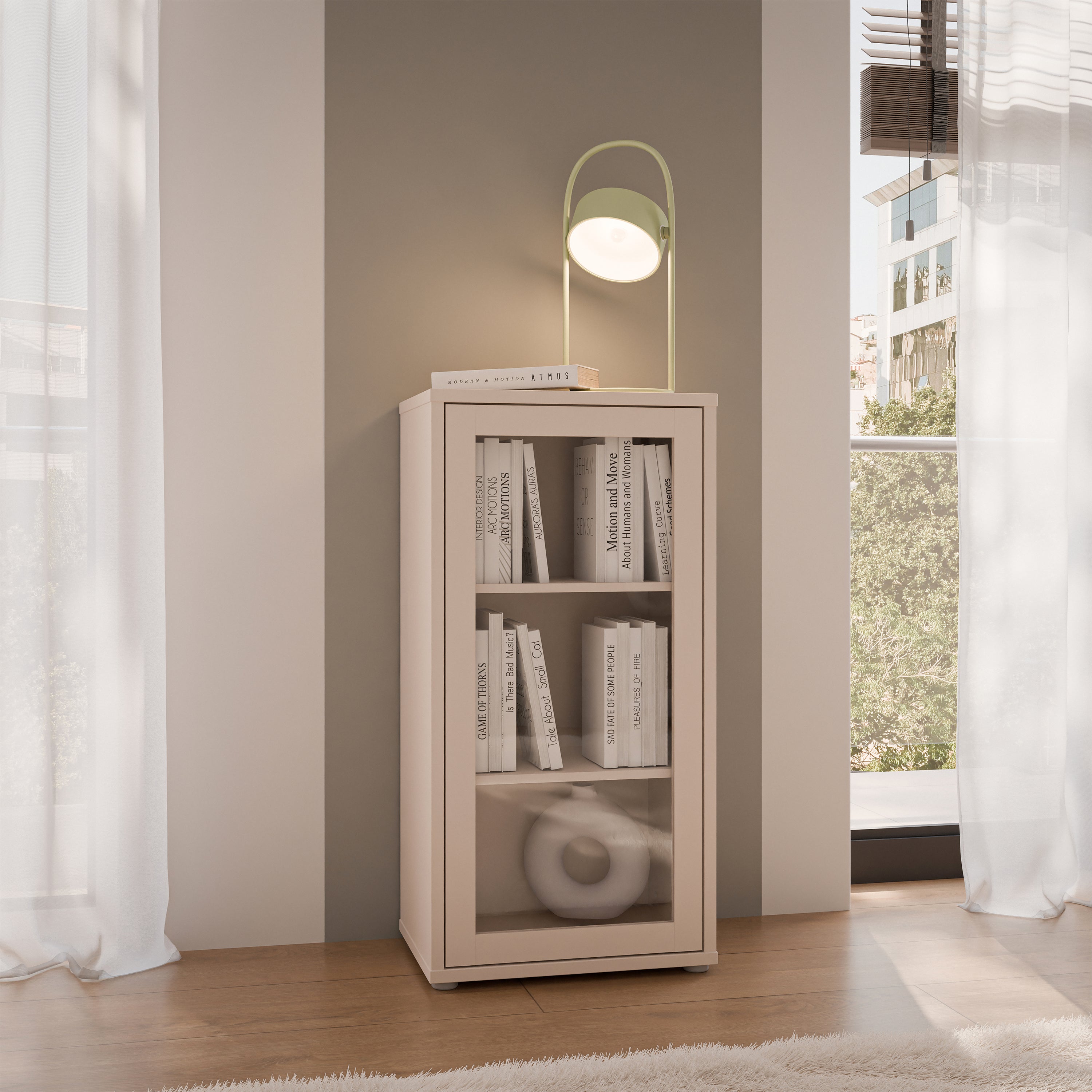 Alice Springs Low Glass Fronted Cabinet with Push-to-Open Door in Sand
