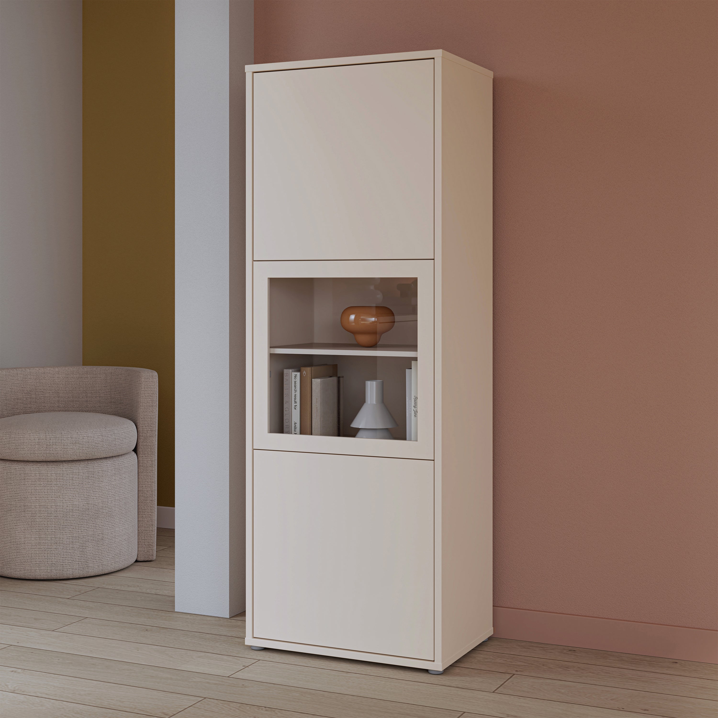 Alice Springs Narrow Display Cabinet with 3 Push-to-Open Doors in Sand