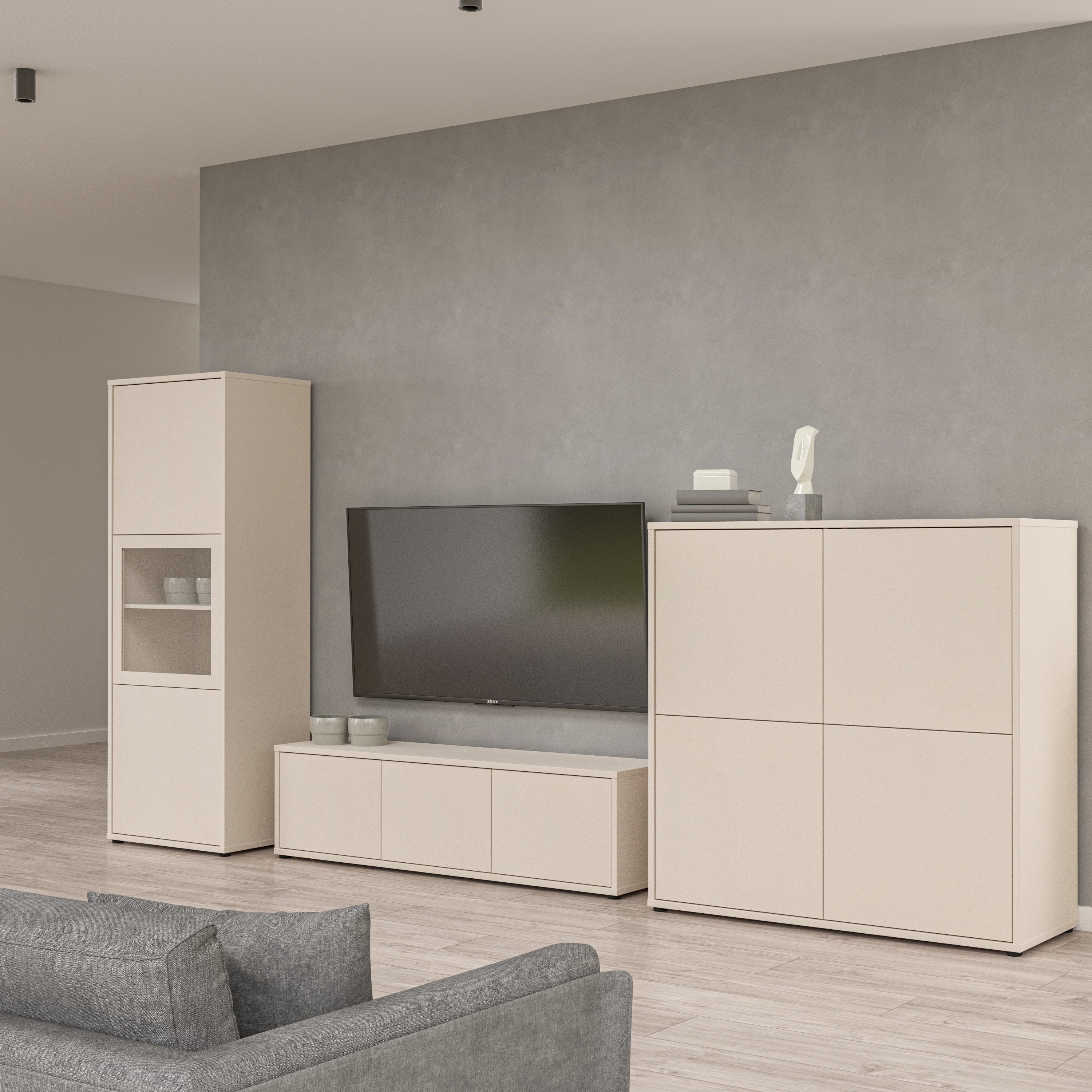 Alice Springs Narrow Display Cabinet with 3 Push-to-Open Doors in Sand
