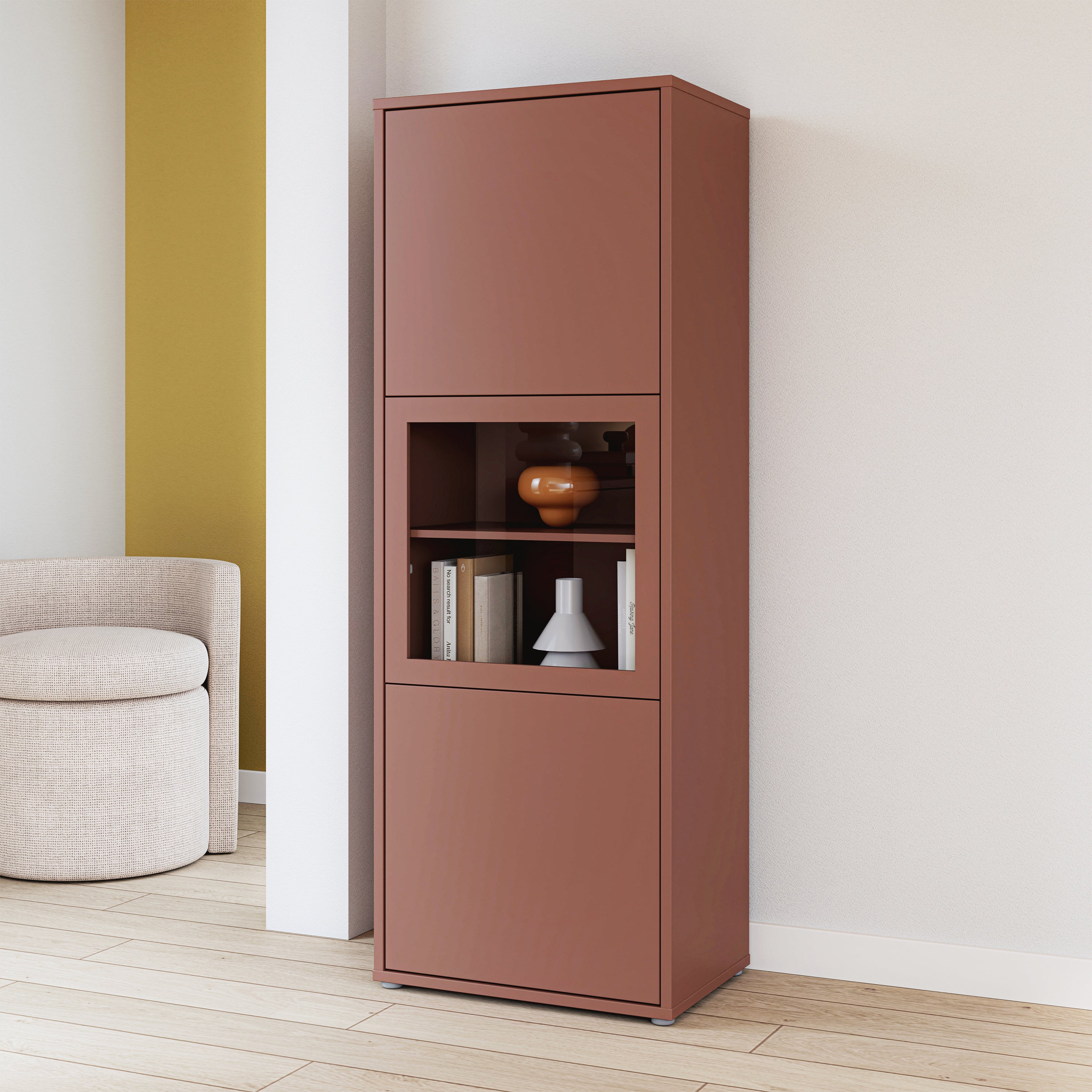 Alice Springs Narrow Display Cabinet with 3 Push-to-Open Doors in Terracotta