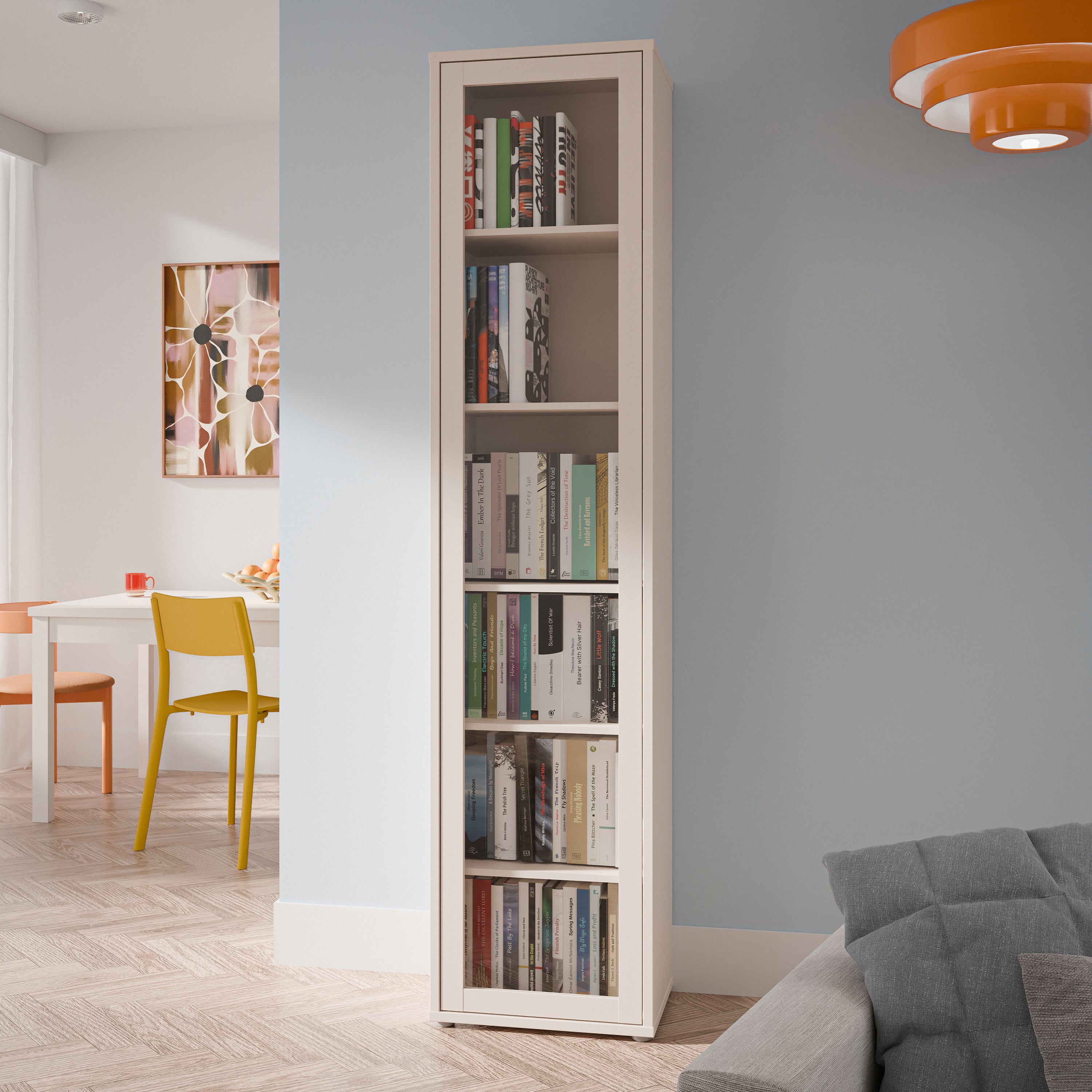 Alice Springs Slim Tall Display Cabinet with 1 Glass Door Push-to-Open & 5 Shelves in Sand