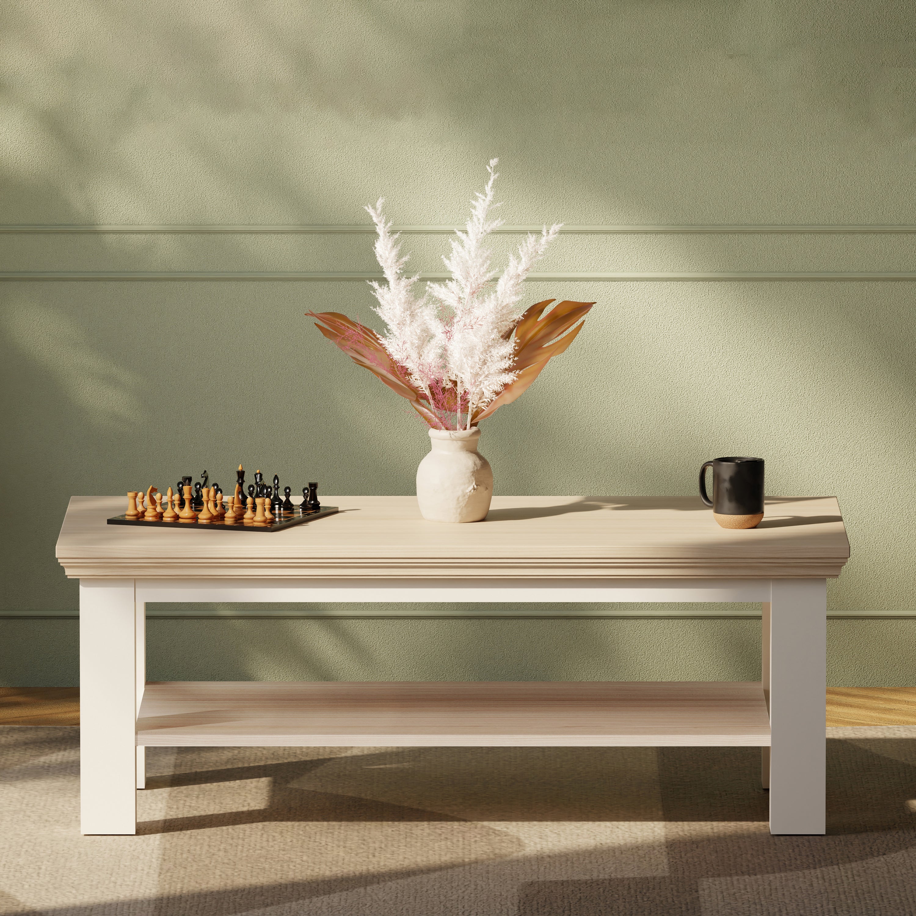 Pontypool Large Rectangular Coffee Table with Shelf in White and Riva Oak