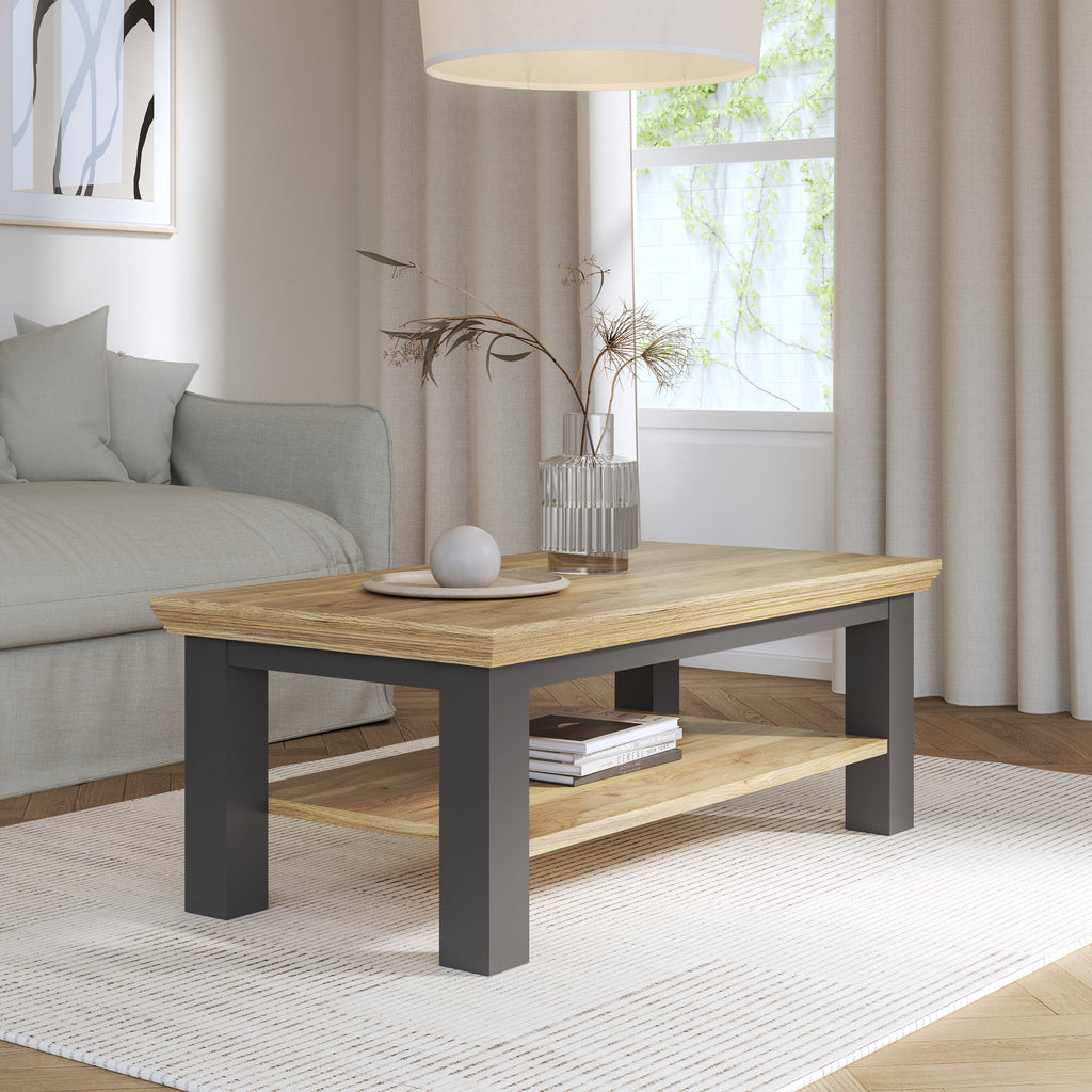 Pontypool Large Rectangular Coffee Table with Shelf in Grey and Mauvella Oak
