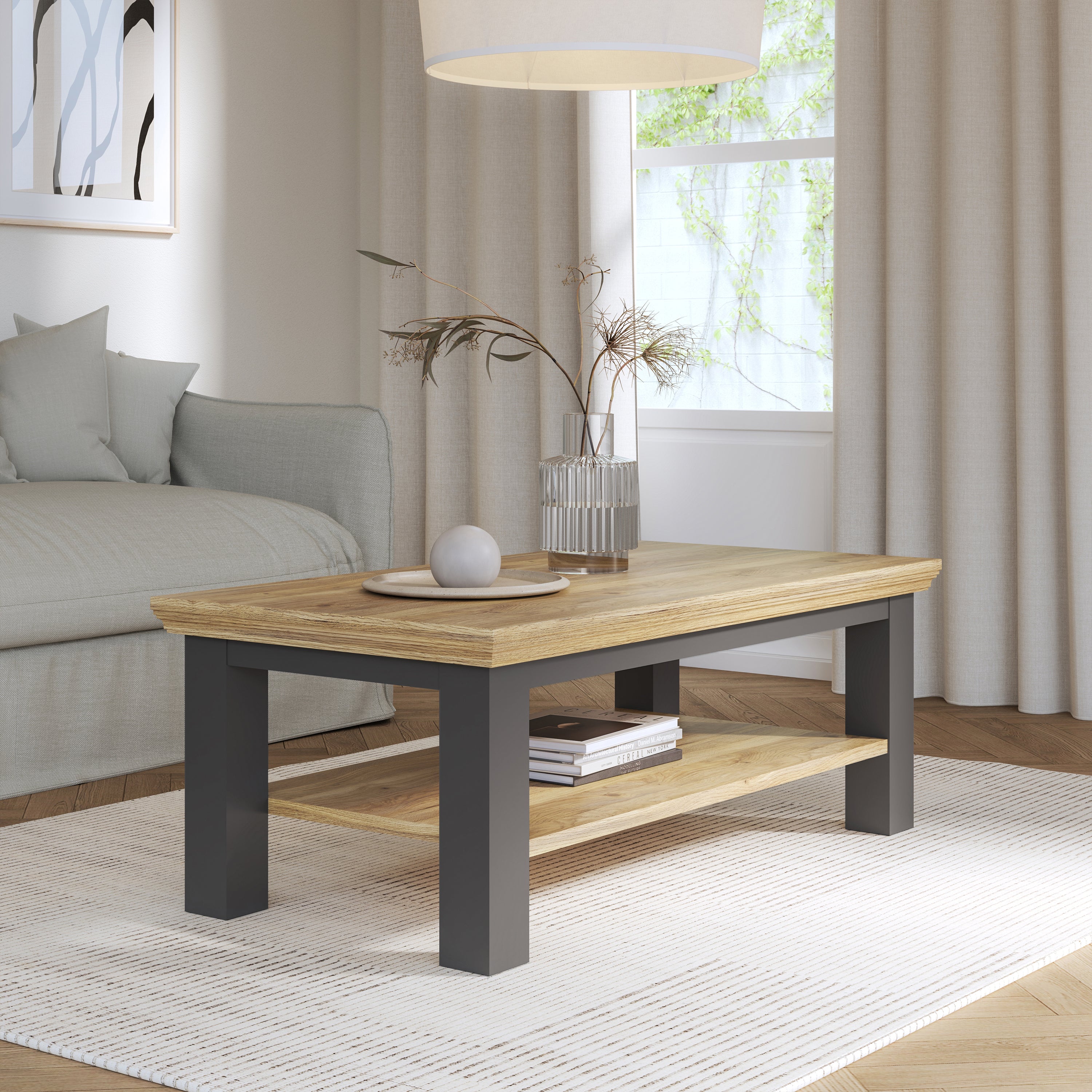 Pontypool Large Rectangular Coffee Table with Shelf in Grey and Mauvella Oak