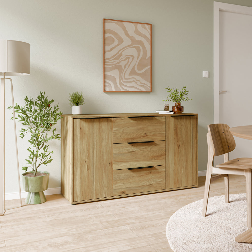 Orkney 3 Drawer Sidebaord with 2 Doors in Mauvella Oak
