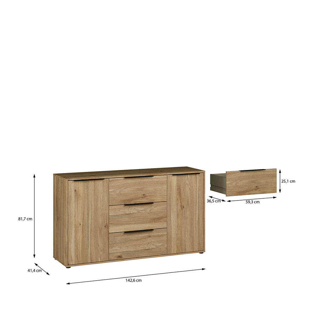 Orkney 3 Drawer Sidebaord with 2 Doors in Mauvella Oak