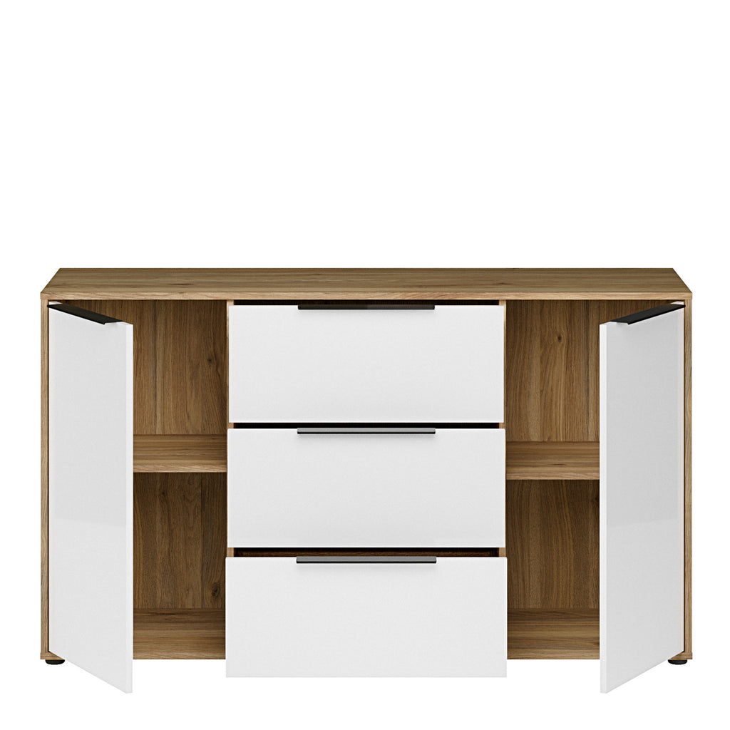 Orkney 3 Drawer Sideboard with 2 Doors in Mauvella Oak and White Gloss