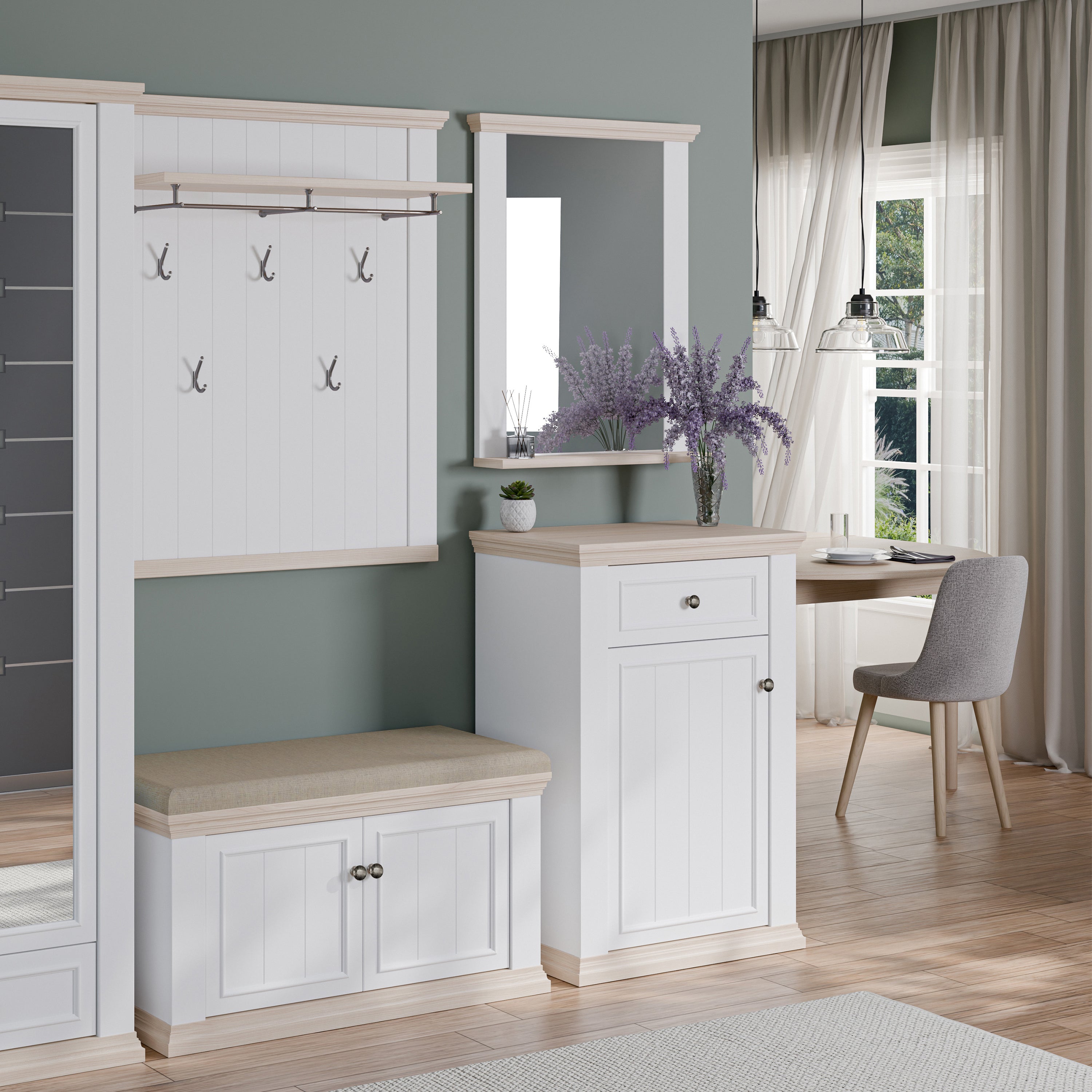 Pontypool Shoe Cabinet with Drawer in White and a Riva Oak