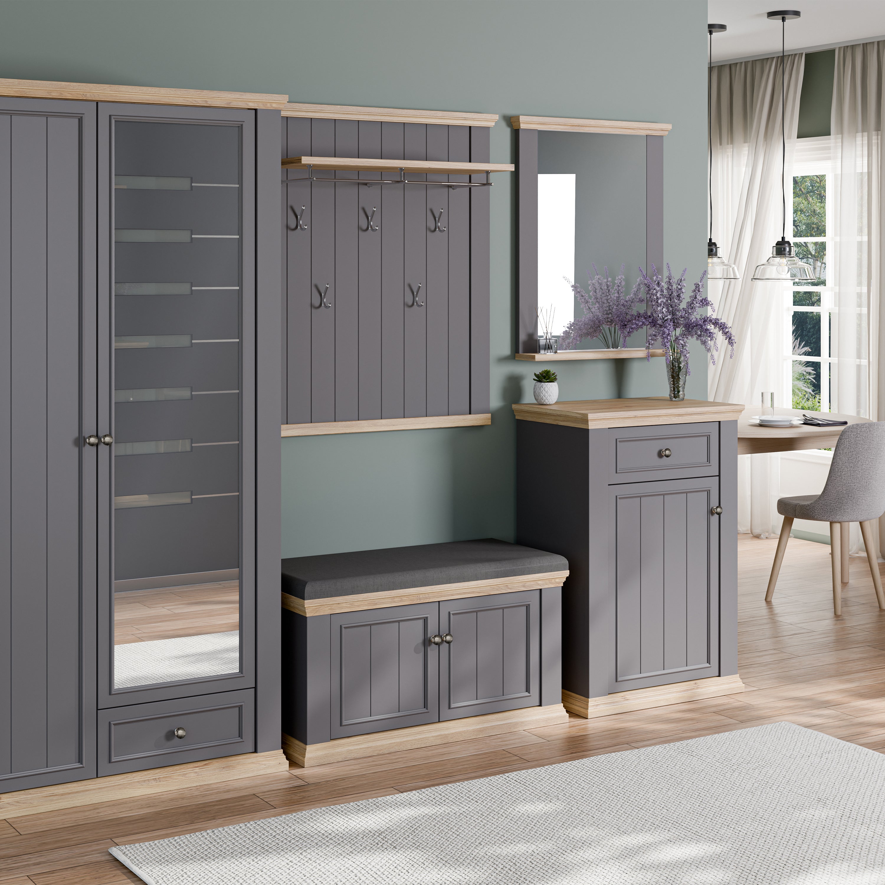 Pontypool Shoe Cabinet with Drawer in Grey and Mauvella Oak
