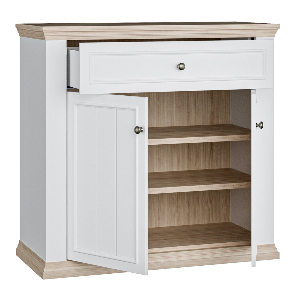 Pontypool 2 Door 1 Drawer Small Sideboard in White and Riva Oak