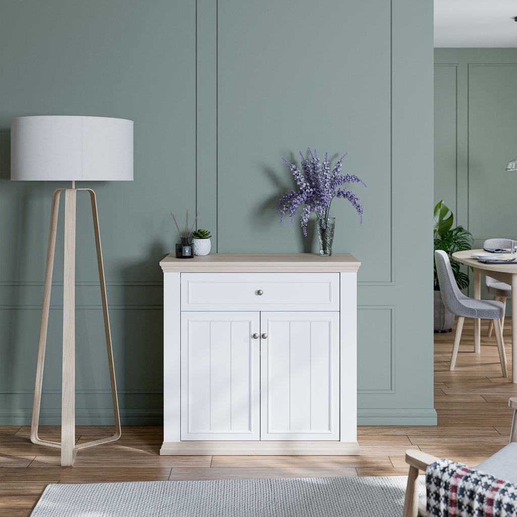 Pontypool 2 Door 1 Drawer Small Sideboard in White and Riva Oak