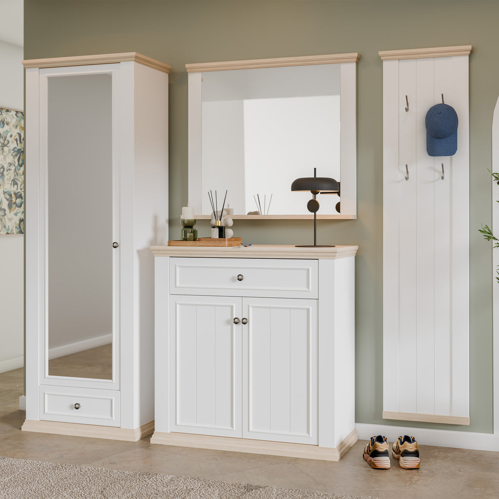 Pontypool 2 Door 1 Drawer Small Sideboard in White and Riva Oak