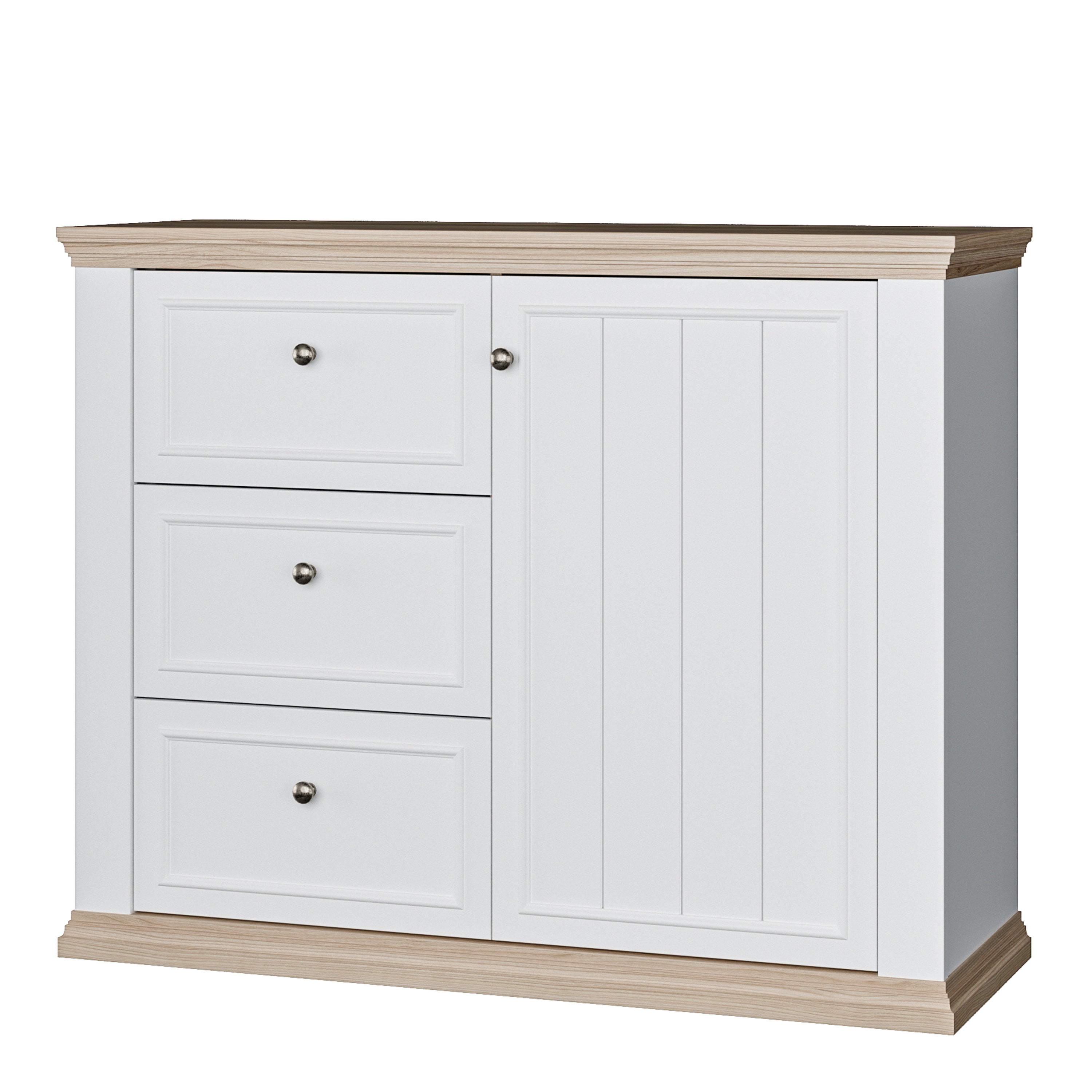 Pontypool 3 Drawer & 1 Door Sideboard in White and Riva Oak
