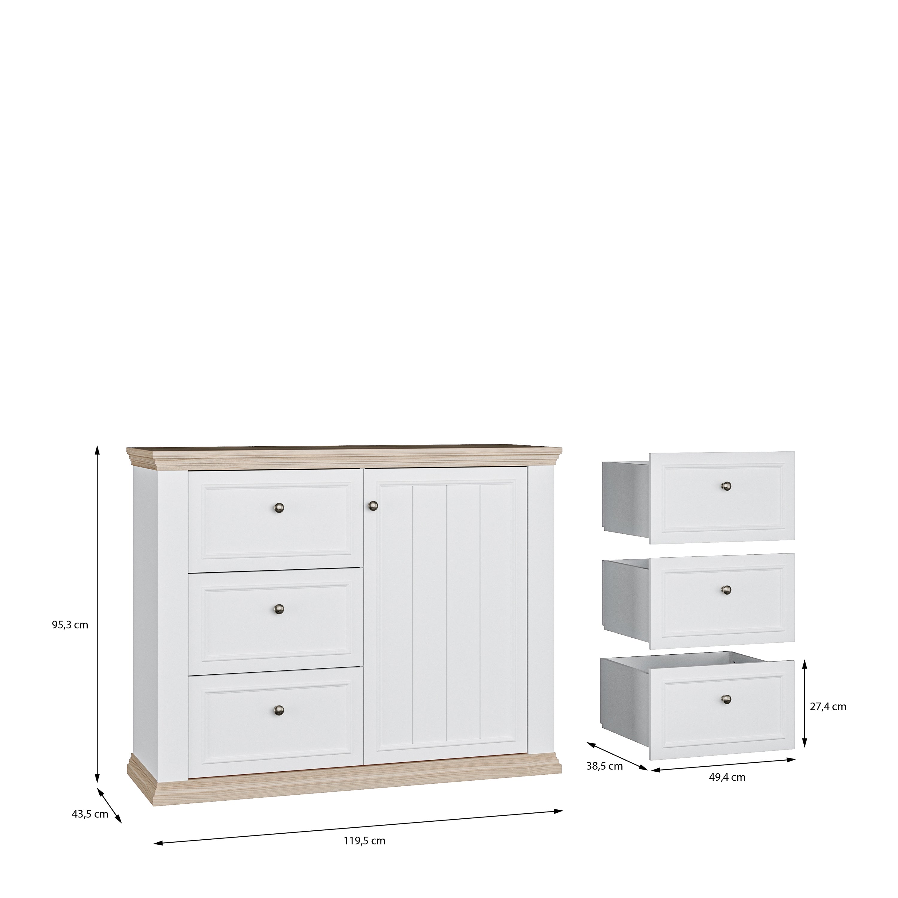 Pontypool 3 Drawer & 1 Door Sideboard in White and Riva Oak