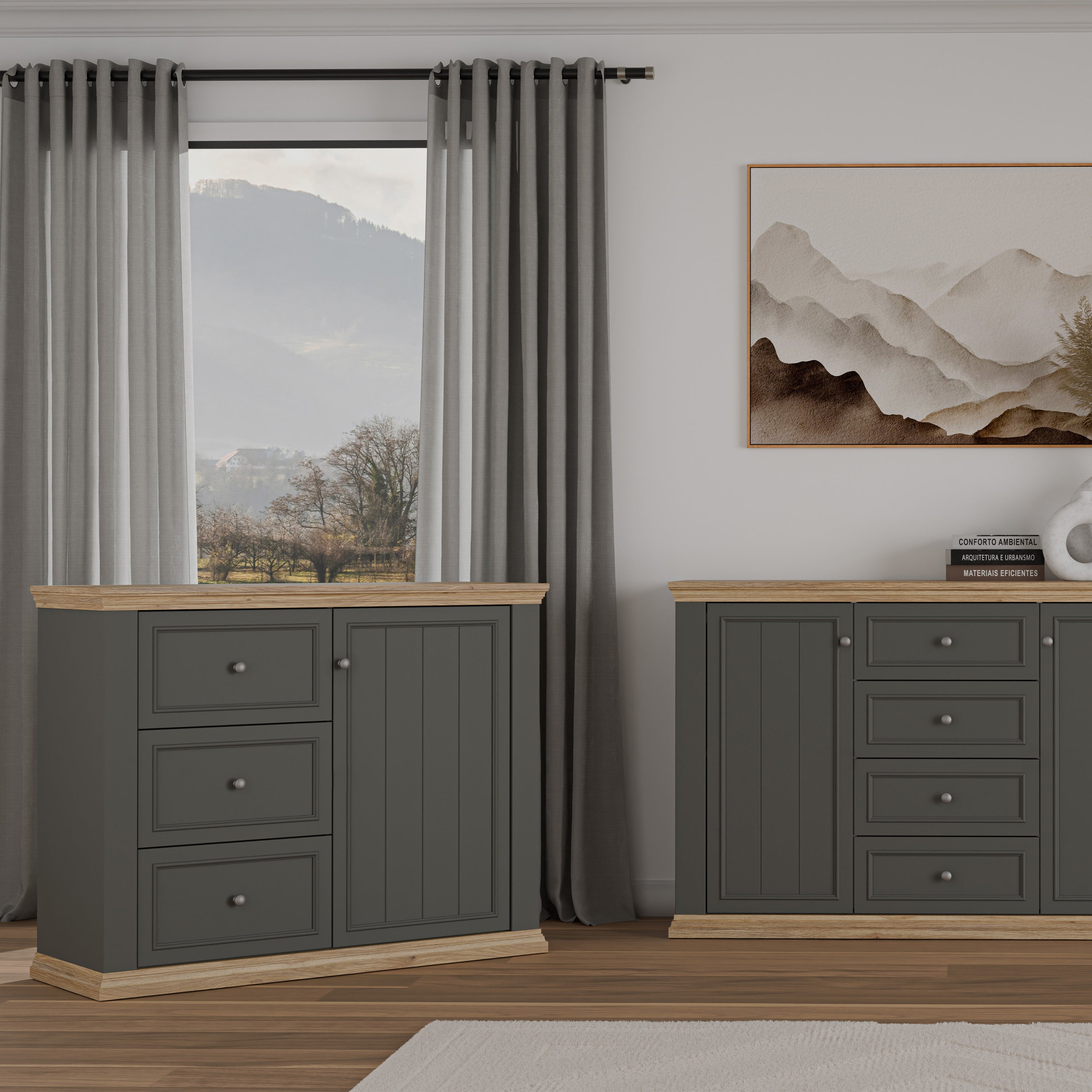 Pontypool 3 Drawer & 1 Door Sideboard in Grey and Mauvella Oak