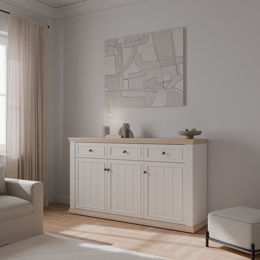 Pontypool 3 Drawer & 3 Door Sideboard in White and Riva Oak