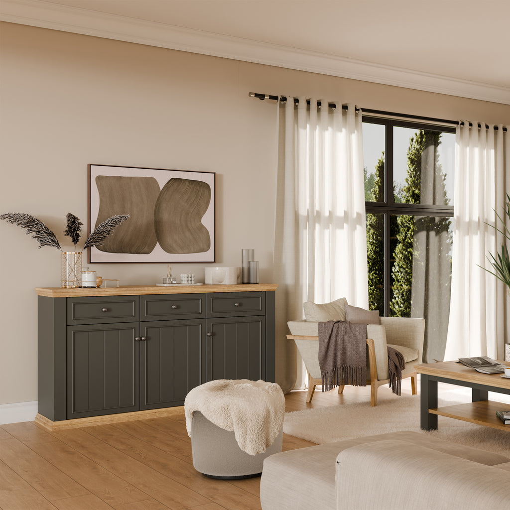 Pontypool 3 Drawer & 3 Door Sideboard in Grey and Mauvella Oak