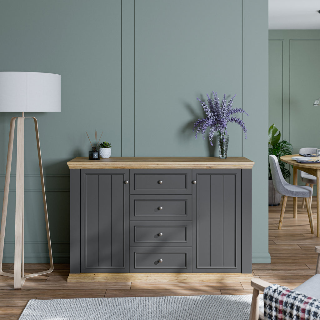 Pontypool 4 Drawer & 2-Door Sideboard in Grey and Mauvella Oak