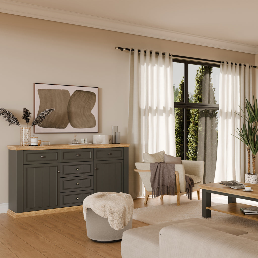 Pontypool 4 Drawer & 2-Door Sideboard in Grey and Mauvella Oak
