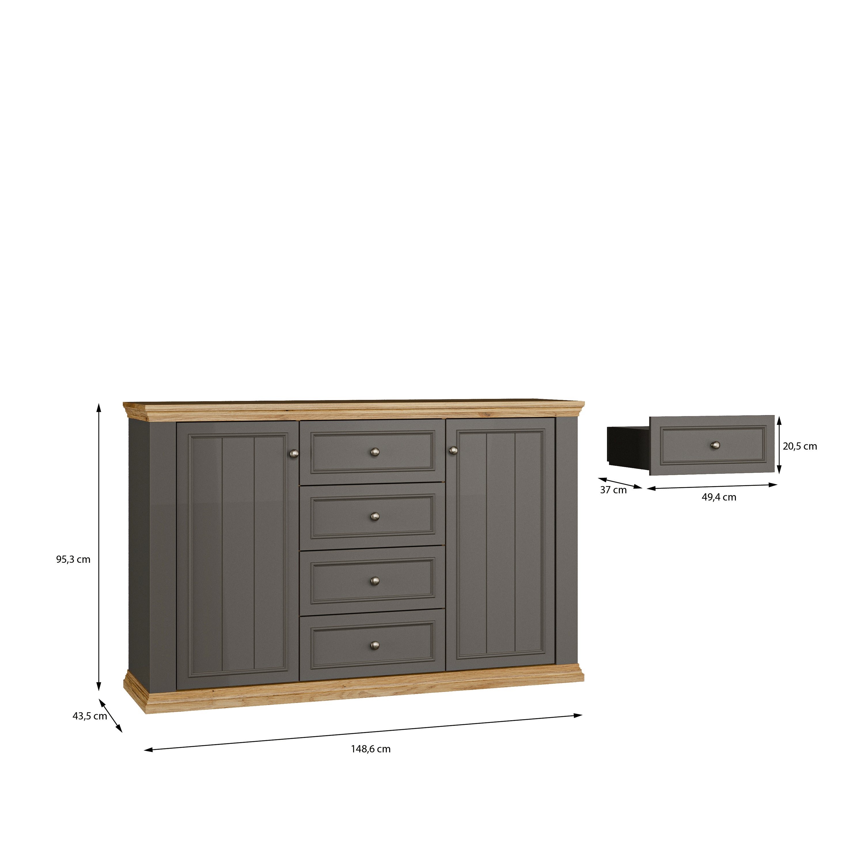 Pontypool 4 Drawer & 2-Door Sideboard in Grey and Mauvella Oak