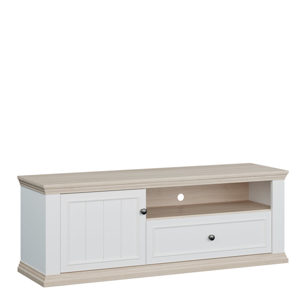 Pontypool TV Unit with Drawer & Open Shelf in White and Riva Oak