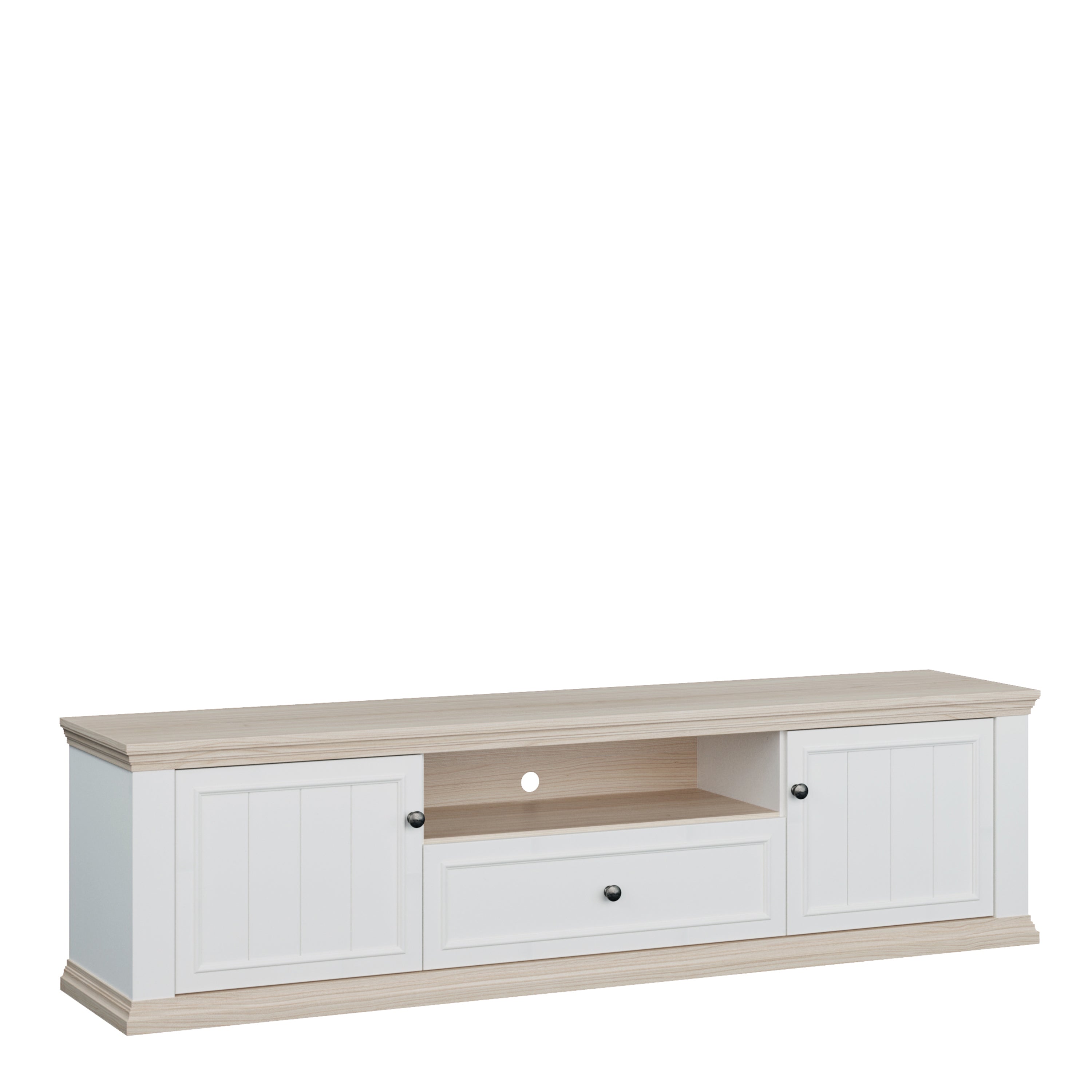 Pontypool Wide TV Unit with 2 Doors, Drawer & Open Shelf in White and Riva Oak