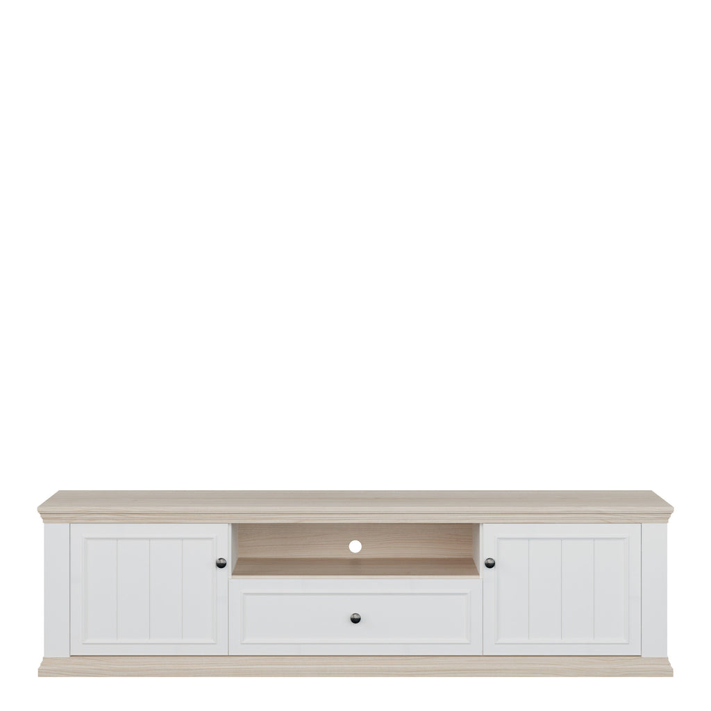 Pontypool Wide TV Unit with 2 Doors, Drawer & Open Shelf in White and Riva Oak