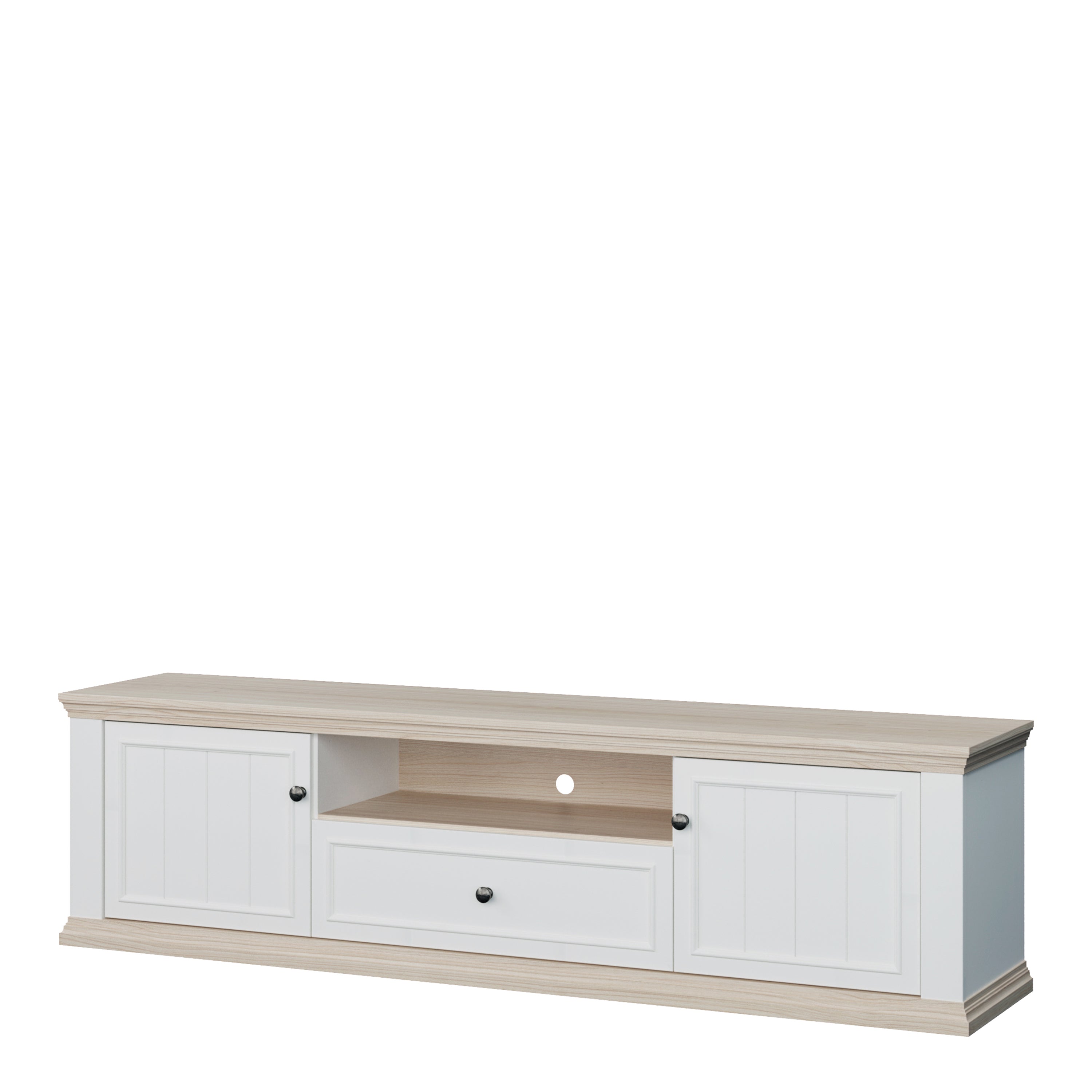 Pontypool Wide TV Unit with 2 Doors, Drawer & Open Shelf in White and Riva Oak