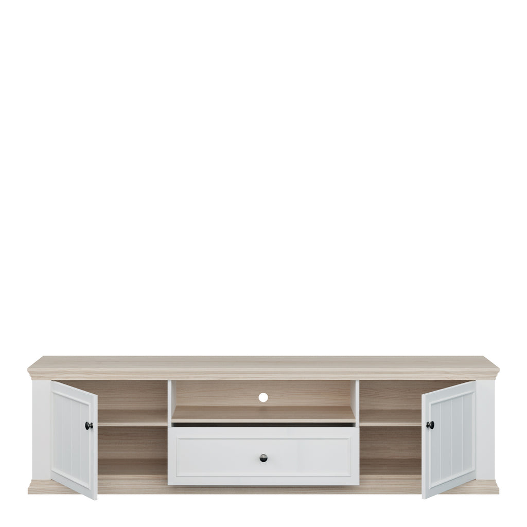 Pontypool Wide TV Unit with 2 Doors, Drawer & Open Shelf in White and Riva Oak