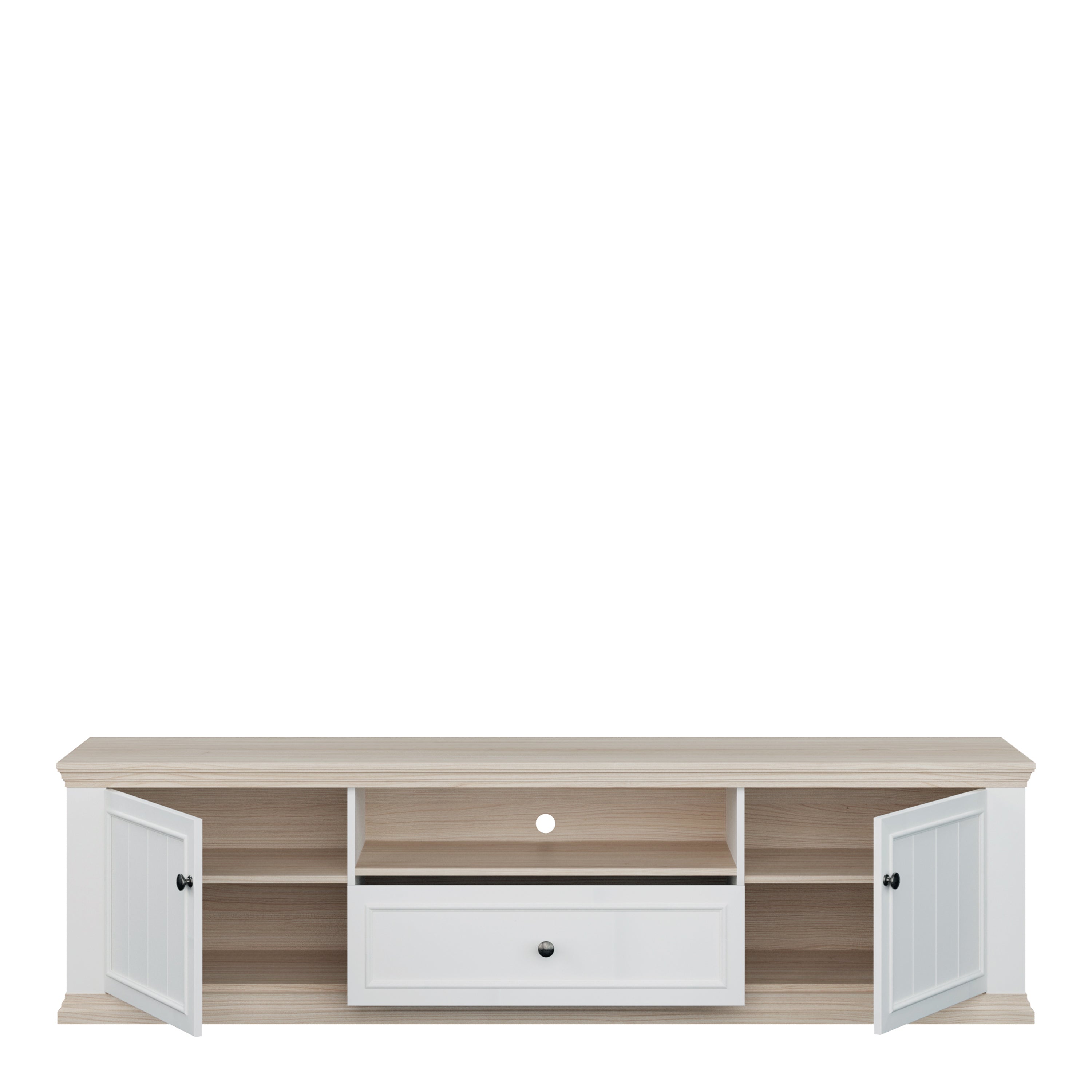 Pontypool Wide TV Unit with 2 Doors, Drawer & Open Shelf in White and Riva Oak