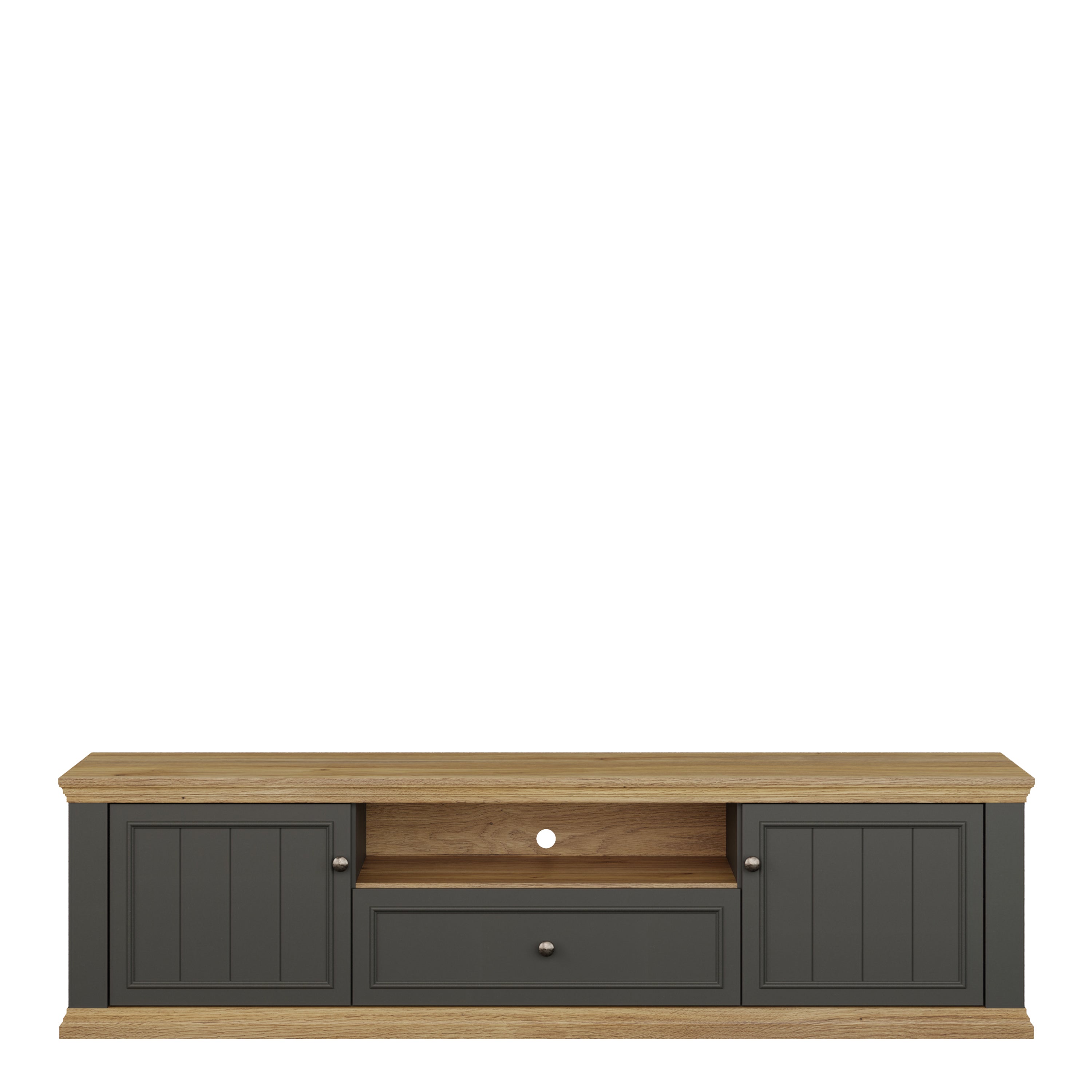 Pontypool Wide TV Unit with 2 Doors, Drawer & Open Shelf in Grey and Mauvella Oak