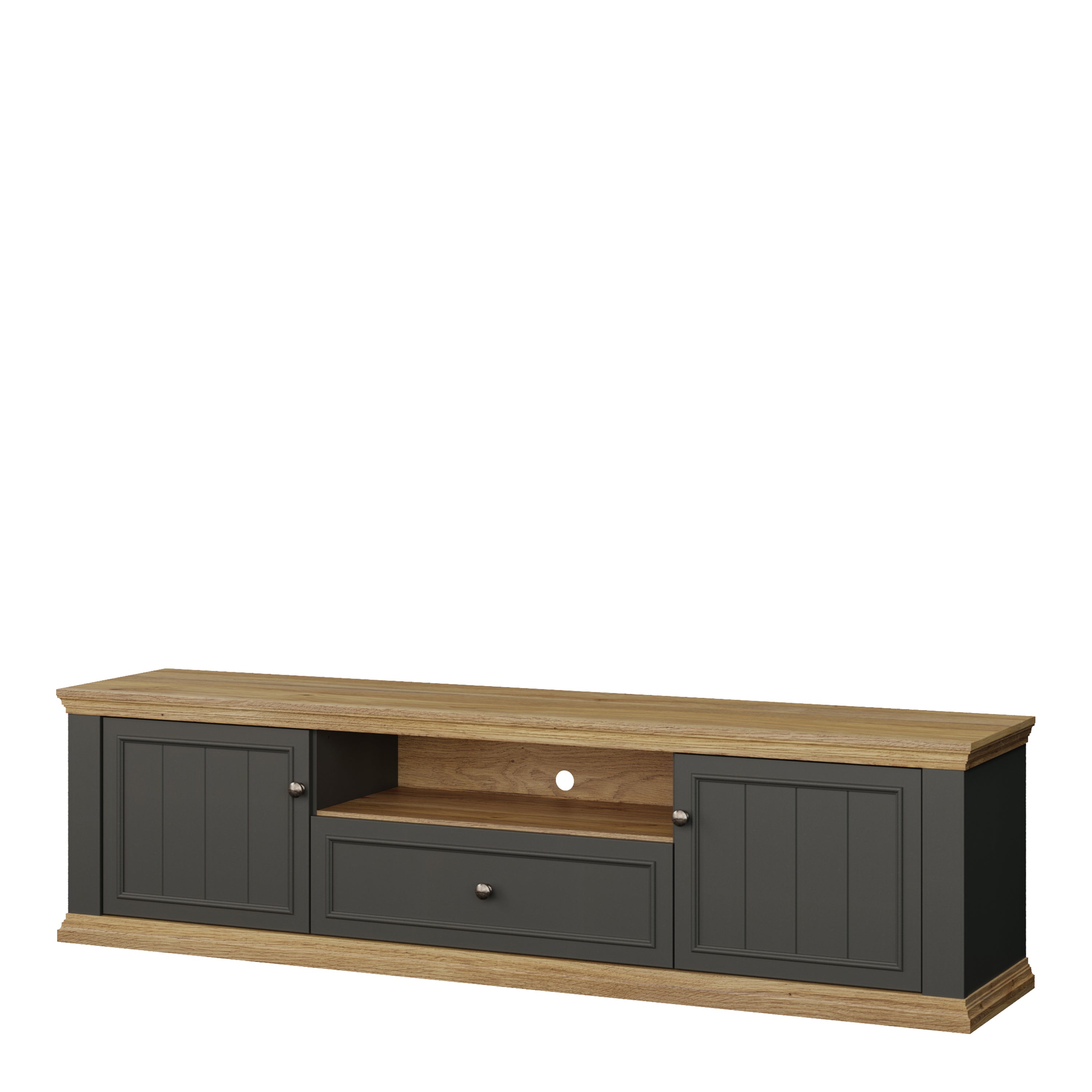 Pontypool Wide TV Unit with 2 Doors, Drawer & Open Shelf in Grey and Mauvella Oak