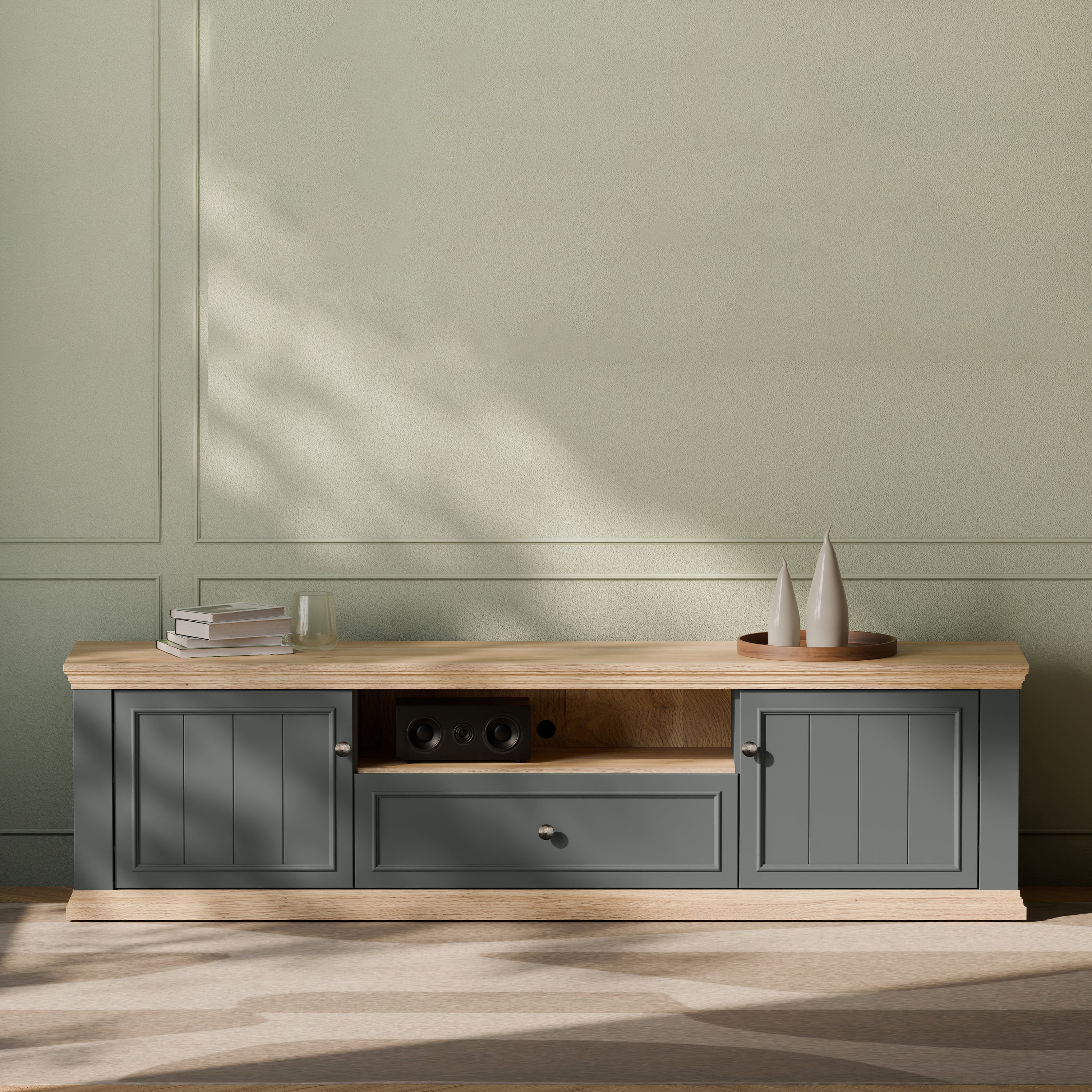 Pontypool Wide TV Unit with 2 Doors, Drawer & Open Shelf in Grey and Mauvella Oak