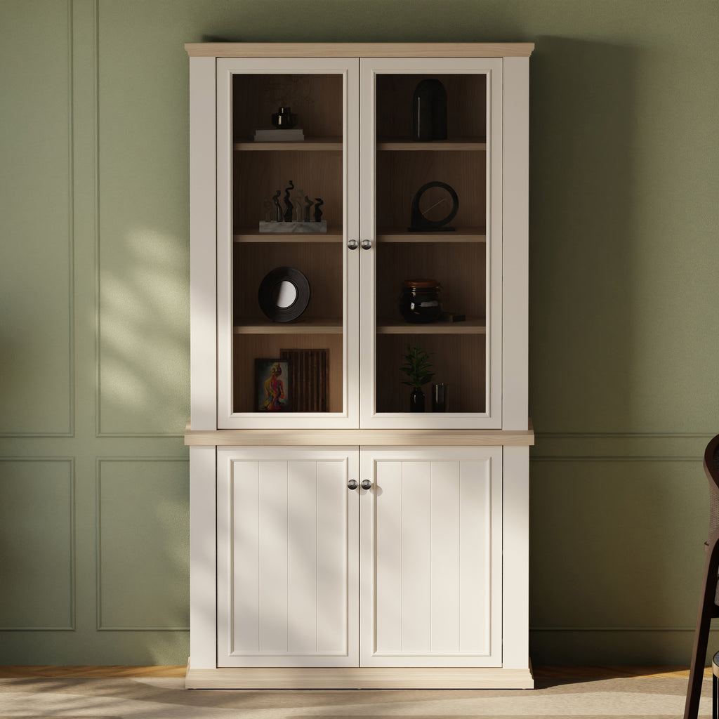 Pontypool 4 Door Display Cabinet in White and Riva Oak