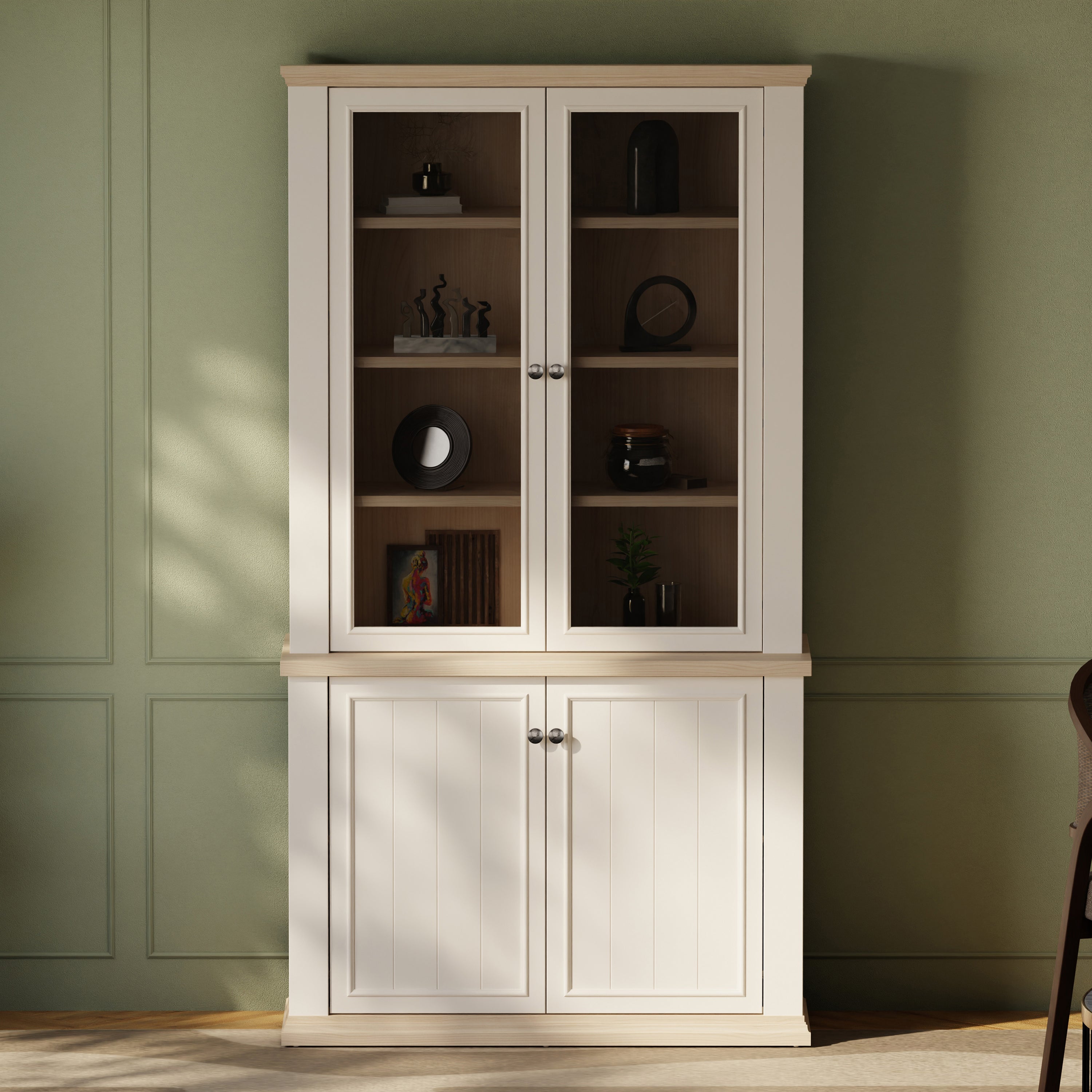 Pontypool 4 Door Display Cabinet in White and Riva Oak