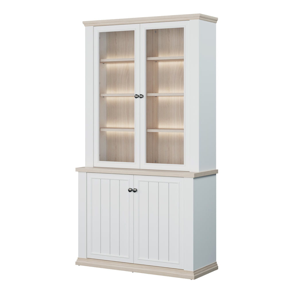 Pontypool 4 Door Display Cabinet in White and Riva Oak