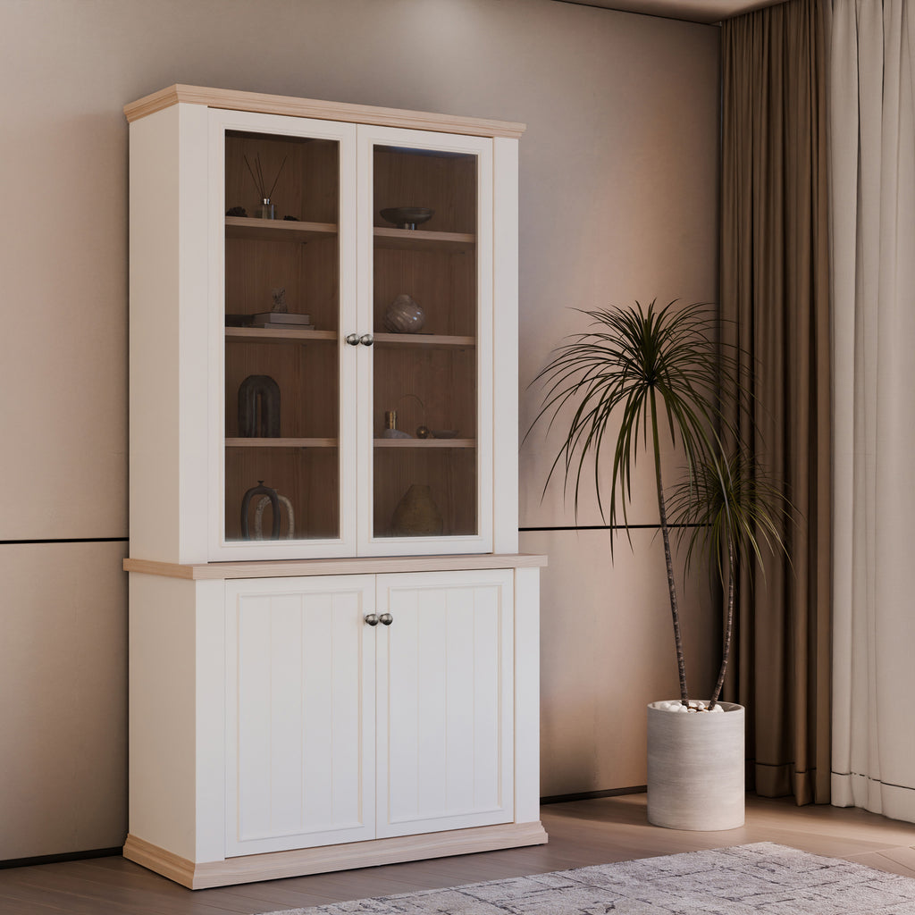 Pontypool 4 Door Display Cabinet in White and Riva Oak