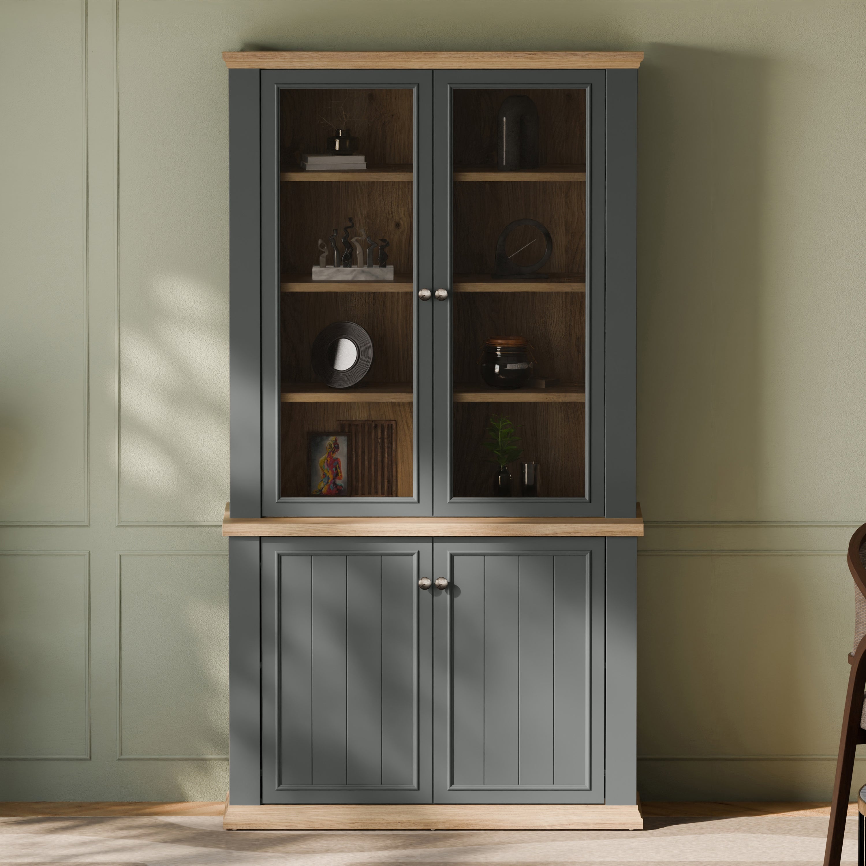 Pontypool 4 Door Display Cabinet in Grey and Mauvella Oak